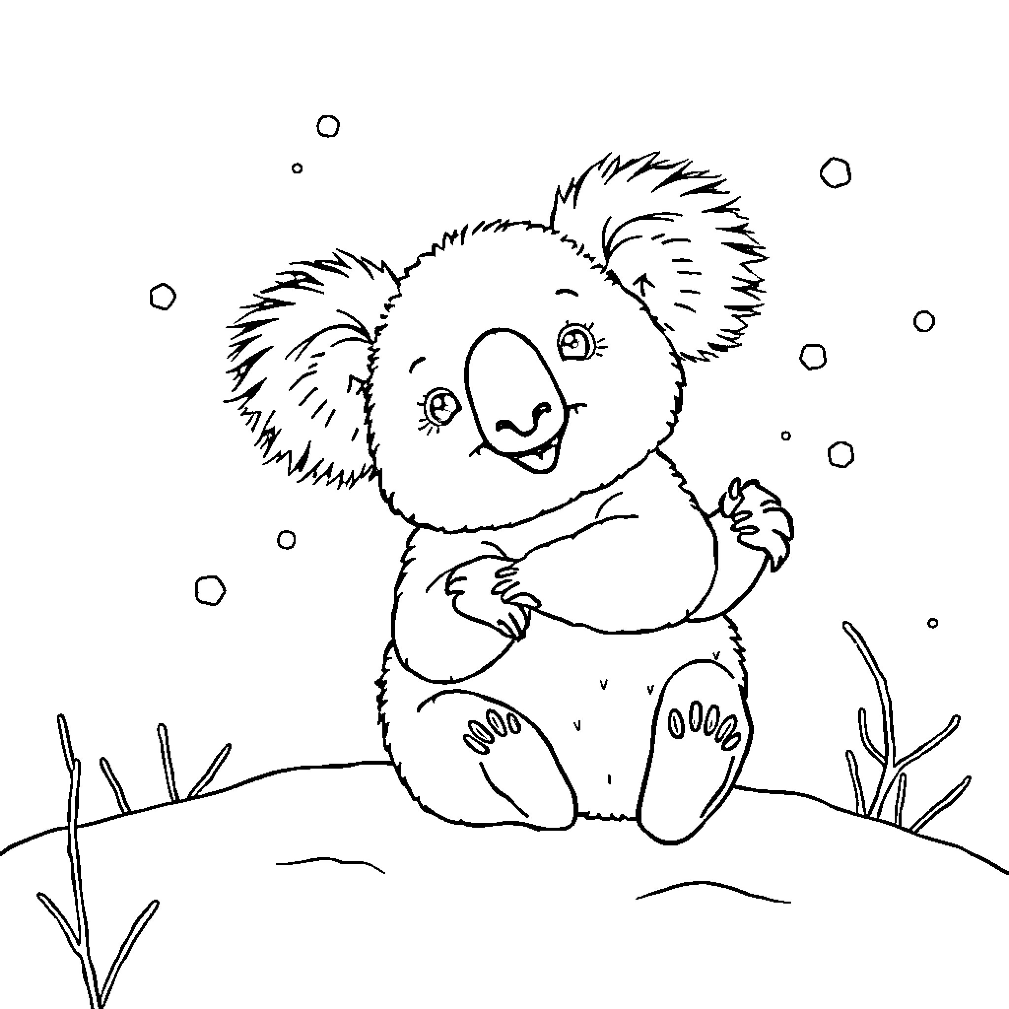 Koala playing happily in the snow Coloring Page (free black-and-white line drawing printable PDF for all, from beginners to advanced learners, including children, teens, adults, and seniors)