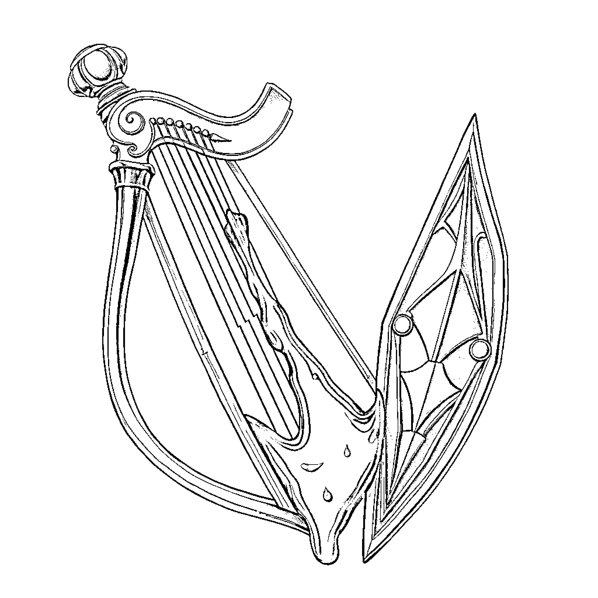 Harp with Detailed Ornamental Design Coloring Page (free black-and-white line drawing printable PDF for all, from beginners to advanced learners, including children, teens, adults, and seniors)