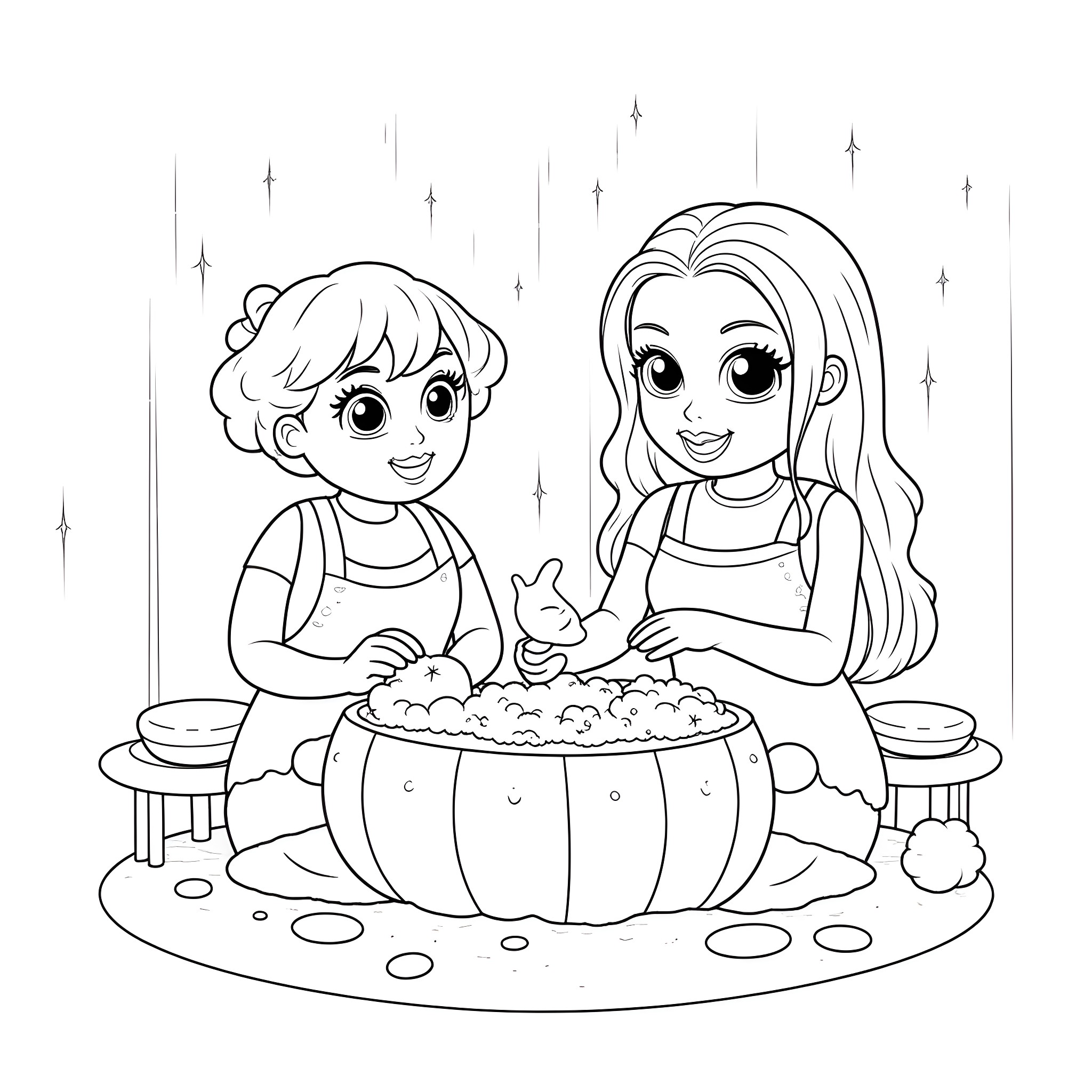 Cocomelon Kids Cooking Fun Meal Together Coloring Page (free black-and-white line drawing printable PDF for all, from beginners to advanced learners, including children, teens, adults, and seniors)