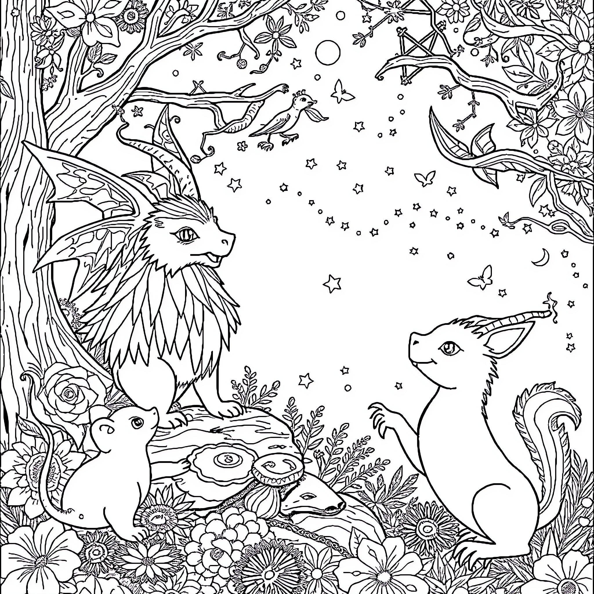 Fable of Magical Creatures in Enchanted Forest Coloring Page (free black-and-white line drawing printable PDF for all, from beginners to advanced learners, including children, teens, adults, and seniors)