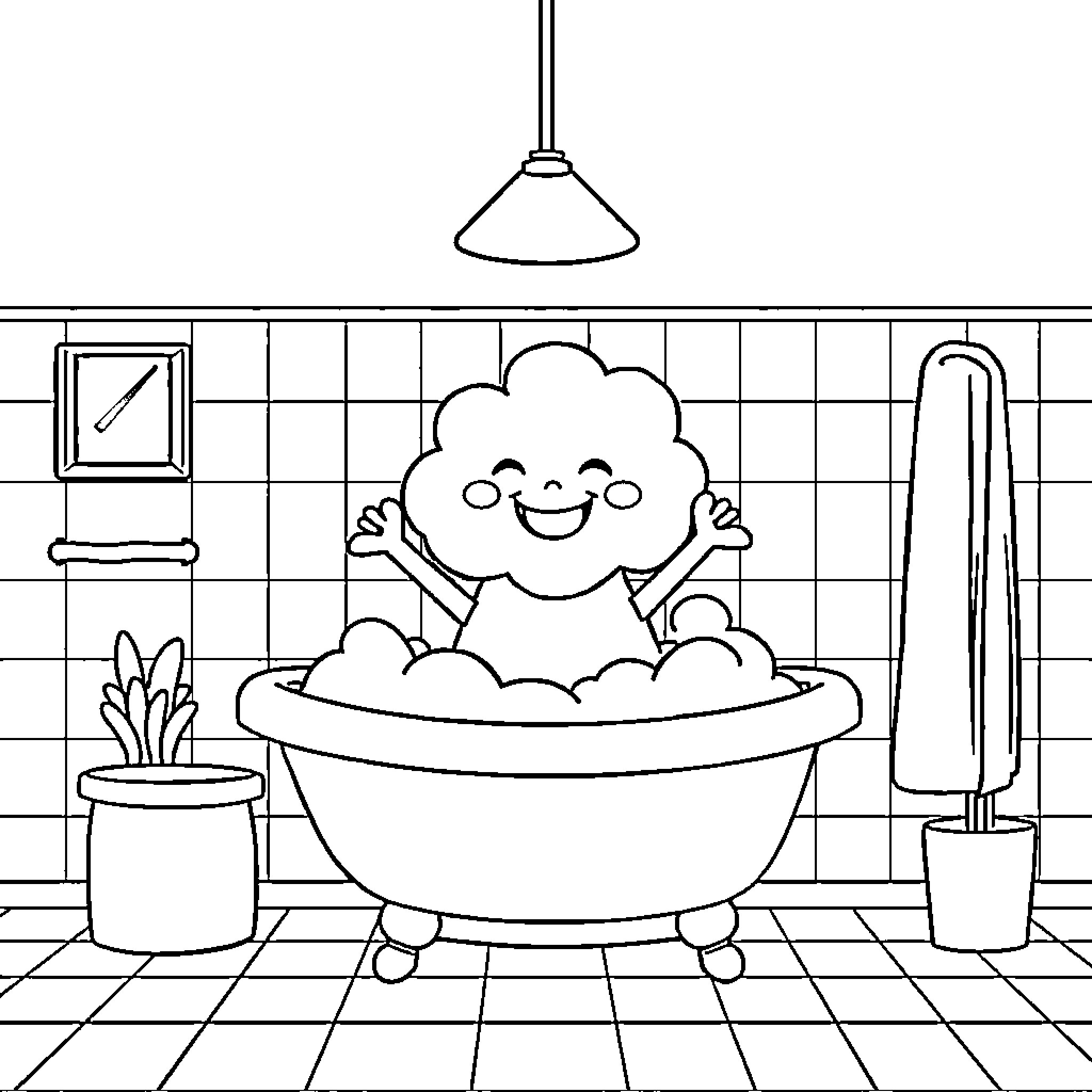 Cloud enjoying a bubbly bath in the bathroom Coloring Page (free black-and-white line drawing printable PDF for all, from beginners to advanced learners, including children, teens, adults, and seniors)