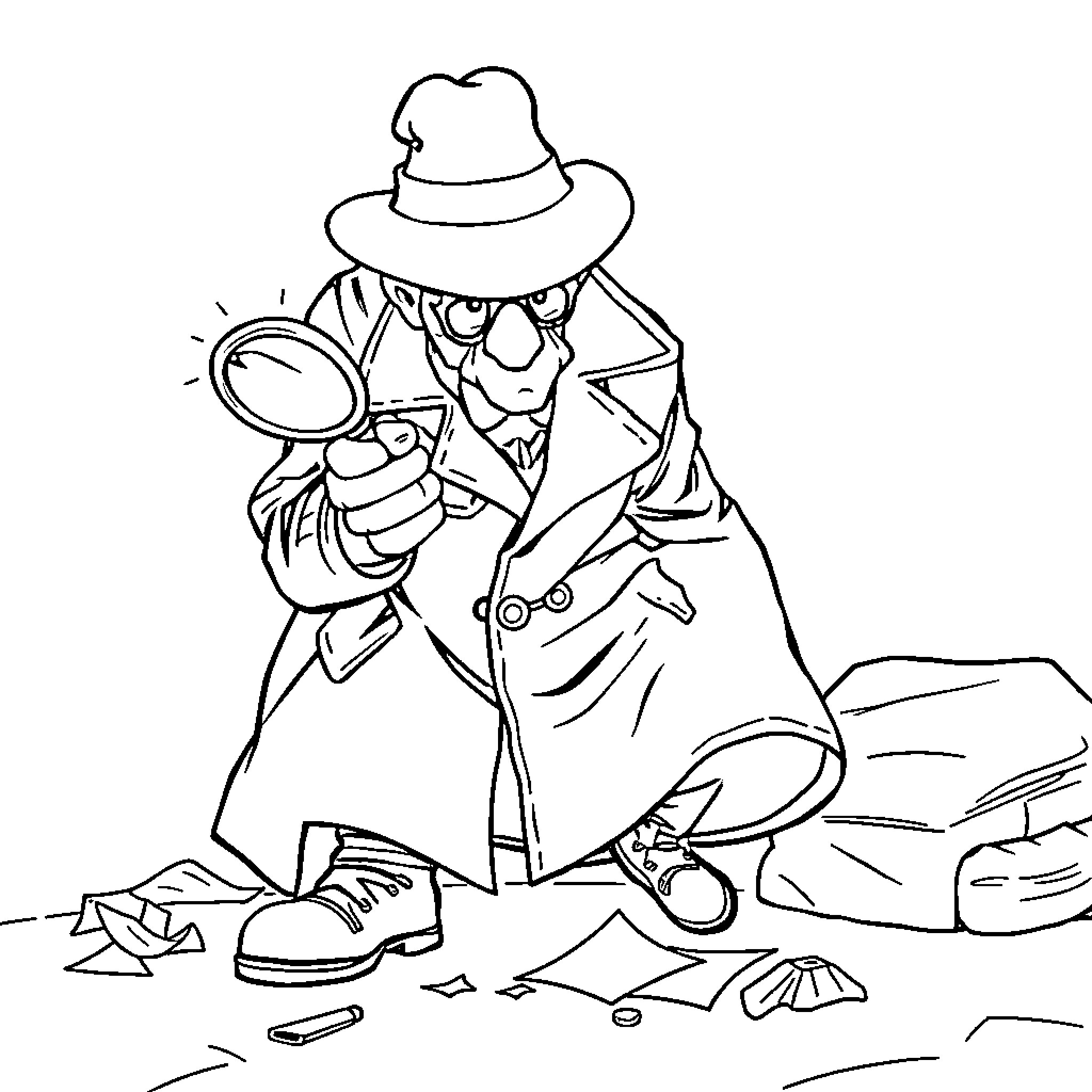 Inspector investigating the scene with magnifying glass Coloring Page (free black-and-white line drawing printable PDF for all, from beginners to advanced learners, including children, teens, adults, and seniors)
