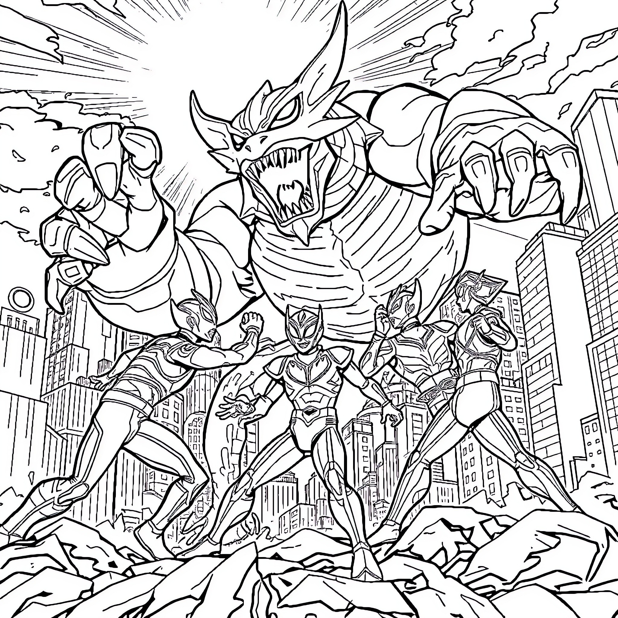 Ultraman Battles Giant Monster in Cityscape Coloring Page (free black-and-white line drawing printable PDF for all, from beginners to advanced learners, including children, teens, adults, and seniors)