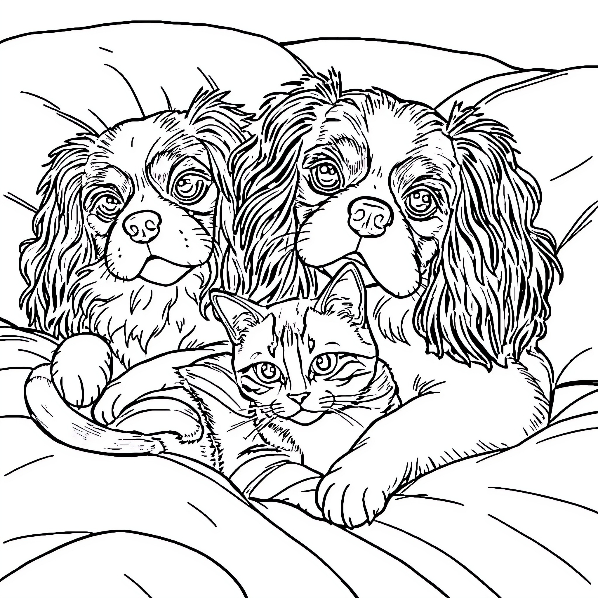 Cavalier King Charles Spaniel and cat relaxing together Coloring Page (free black-and-white line drawing printable PDF for all, from beginners to advanced learners, including children, teens, adults, and seniors)