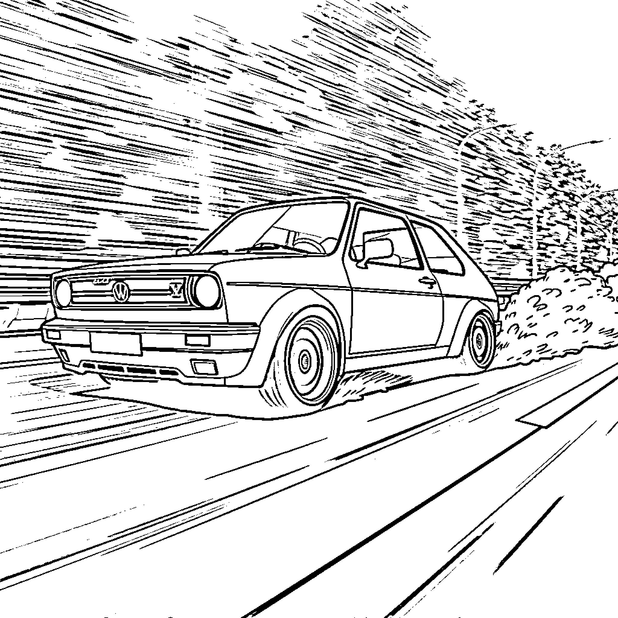 Golf car speeding down the road Coloring Page (free black-and-white line drawing printable PDF for all, from beginners to advanced learners, including children, teens, adults, and seniors)