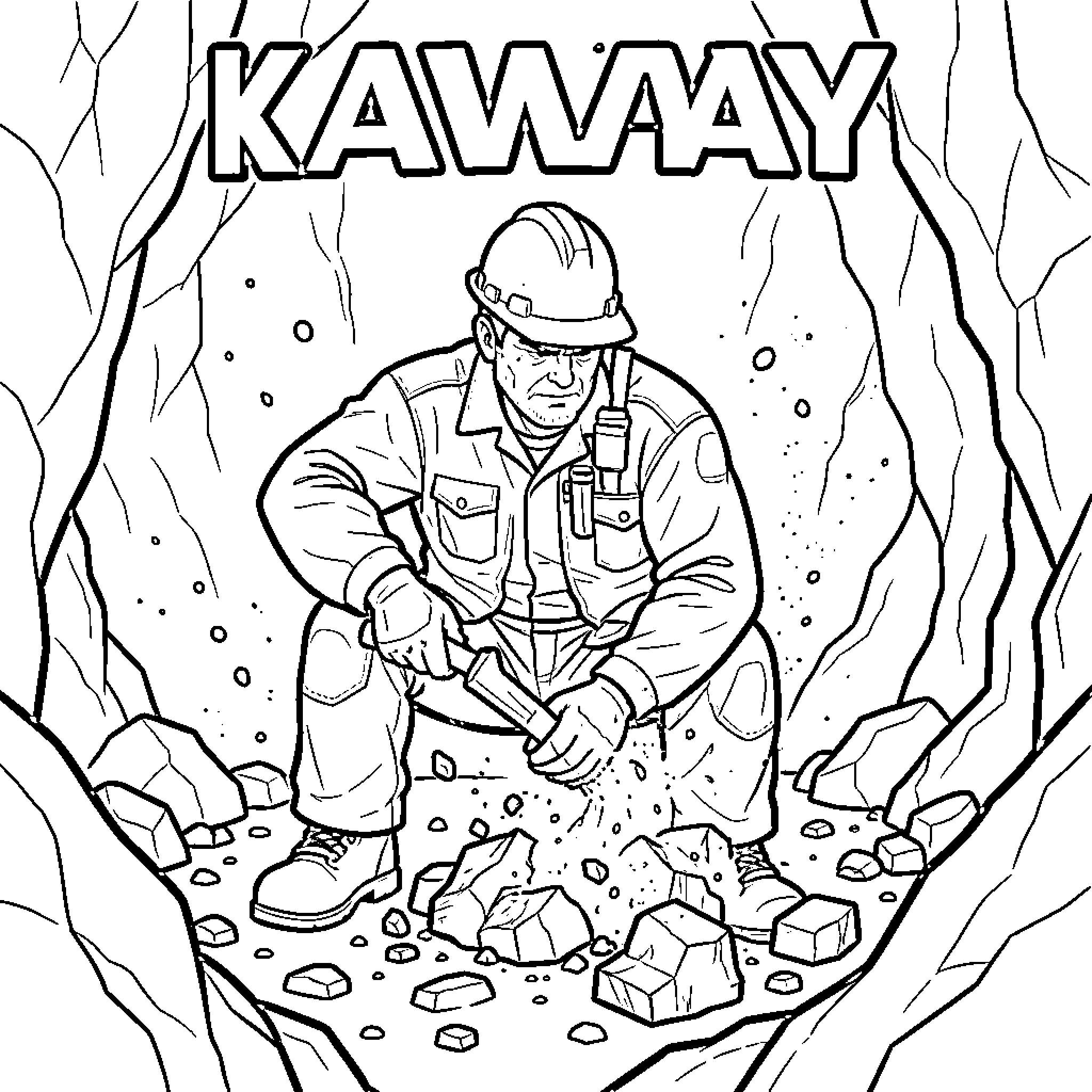 Miner working diligently in the mine Coloring Page (free black-and-white line drawing printable PDF for all, from beginners to advanced learners, including children, teens, adults, and seniors)