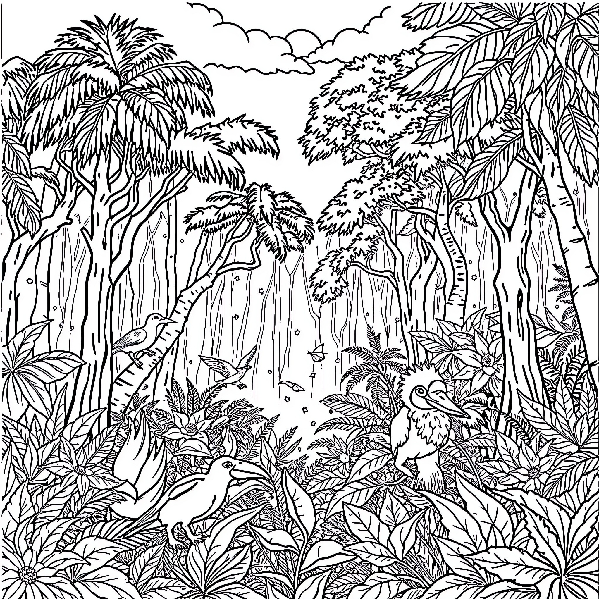 Rainforest scene with diverse flora and fauna Coloring Page (free black-and-white line drawing printable PDF for all, from beginners to advanced learners, including children, teens, adults, and seniors)