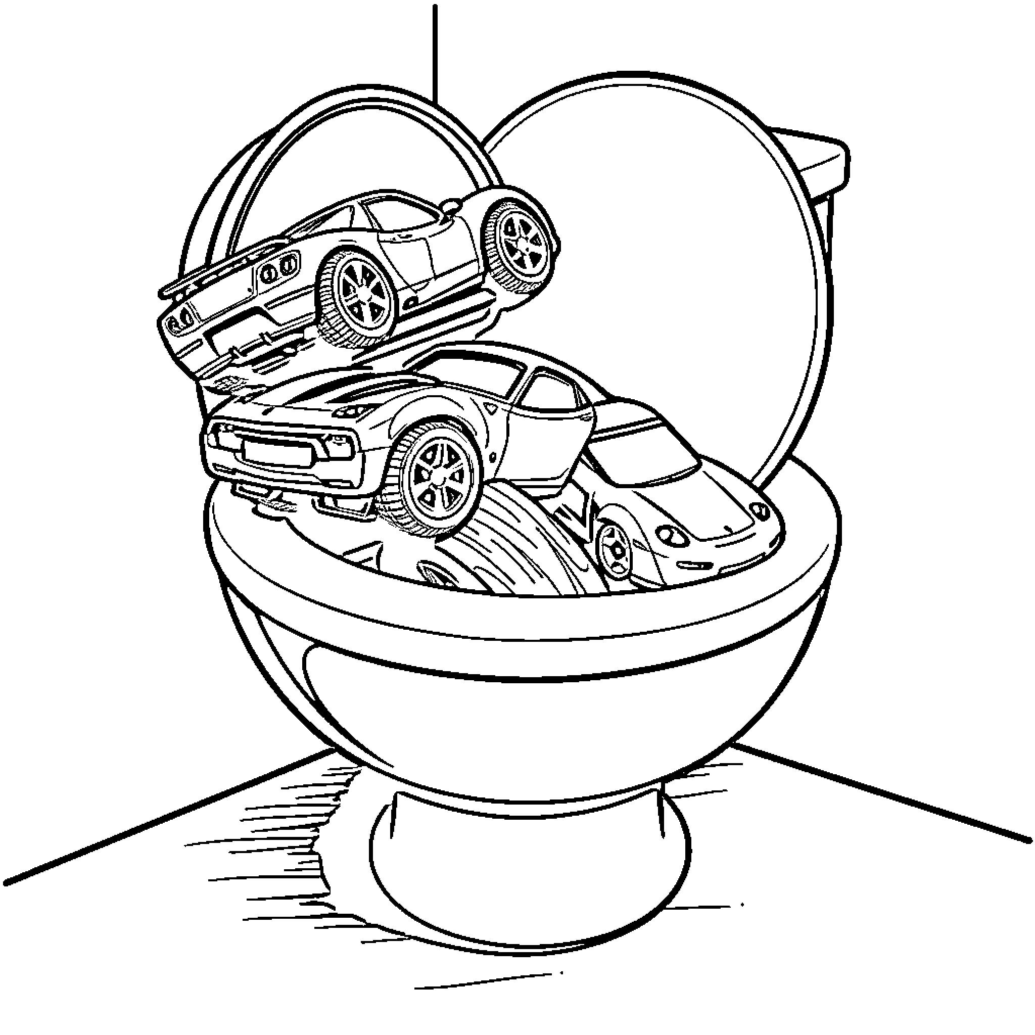 Hotwheels cars racing inside a trophy cup Coloring Page (free black-and-white line drawing printable PDF for all, from beginners to advanced learners, including children, teens, adults, and seniors)