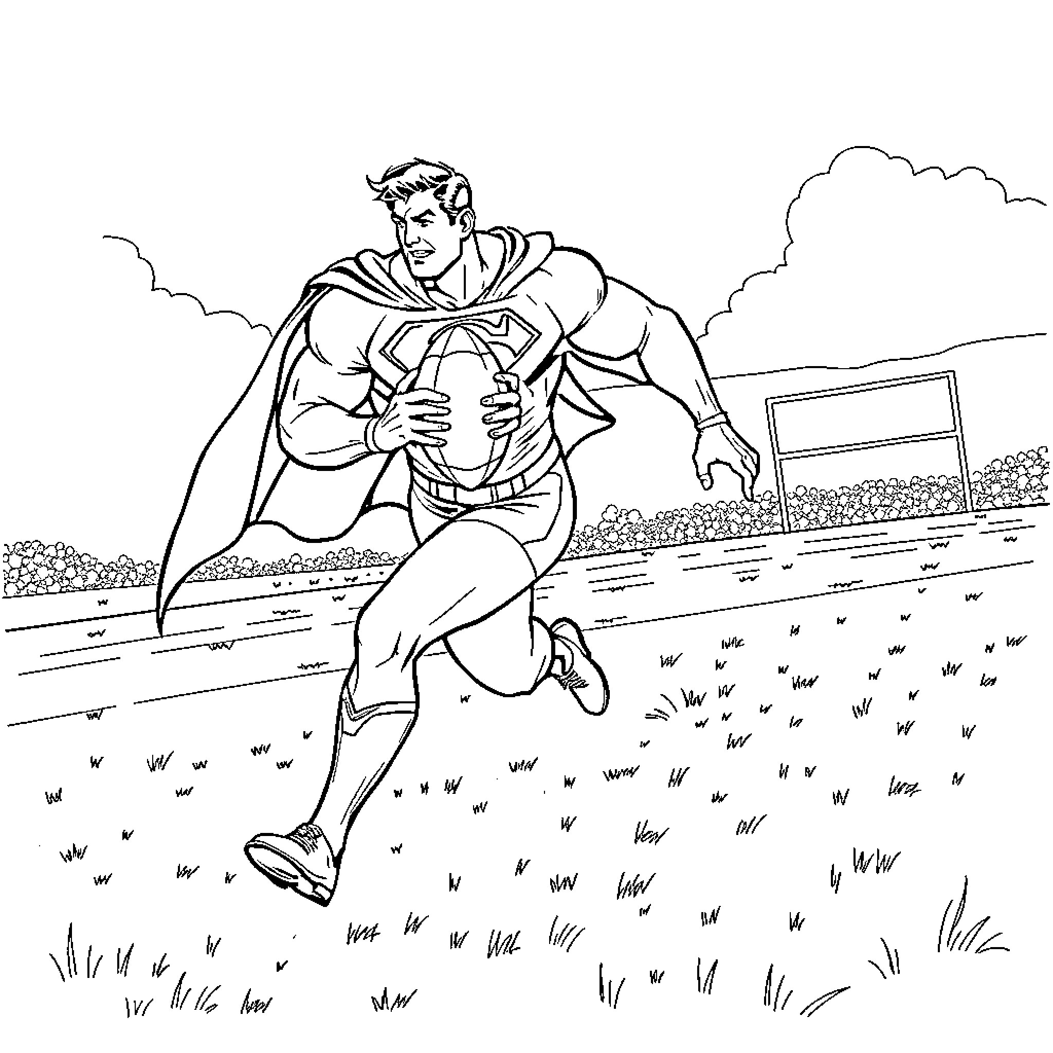 Superman soaring through the field in action pose Coloring Page (free black-and-white line drawing printable PDF for all, from beginners to advanced learners, including children, teens, adults, and seniors)
