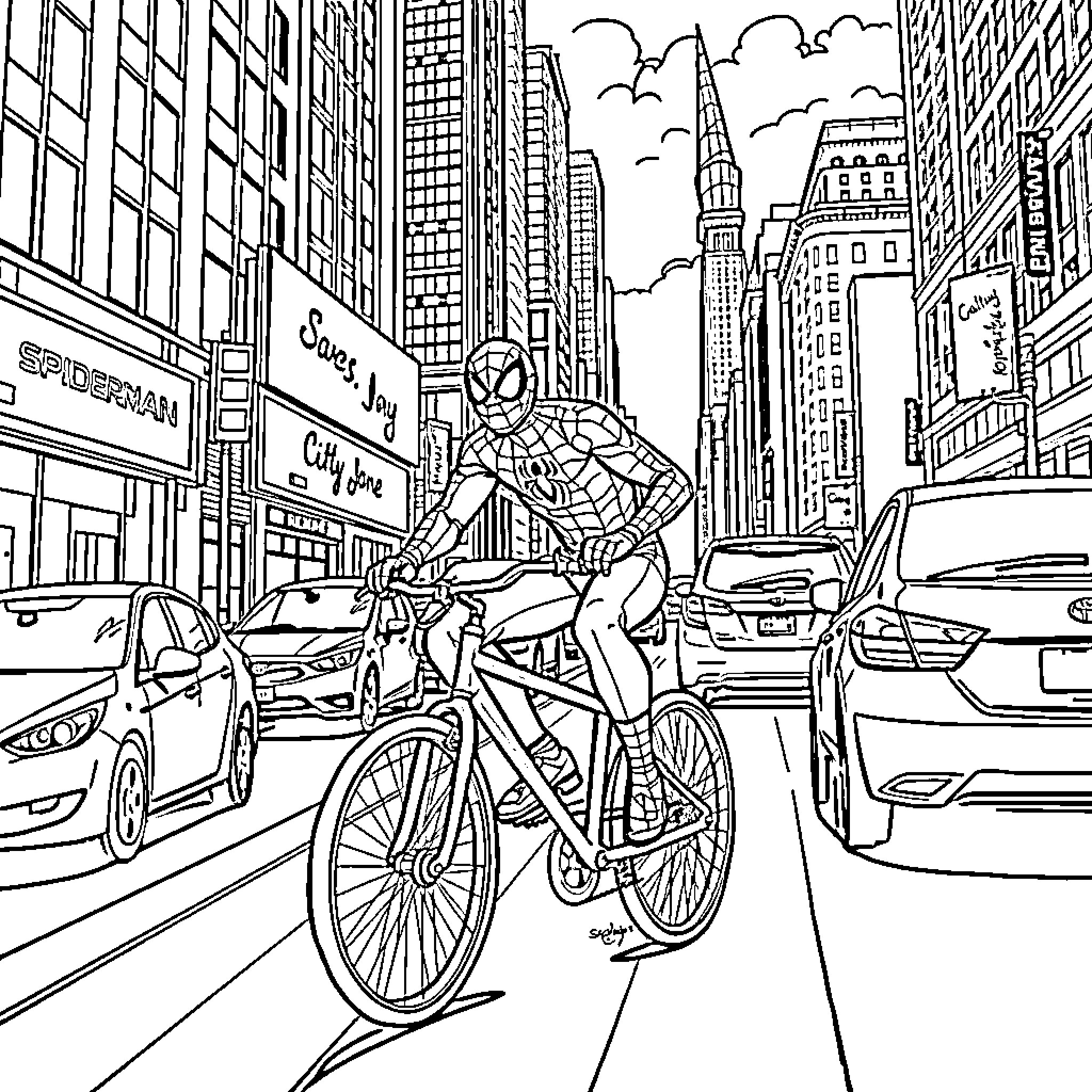 Spiderman swinging through the city on a bicycle Coloring Page (free black-and-white line drawing printable PDF for all, from beginners to advanced learners, including children, teens, adults, and seniors)
