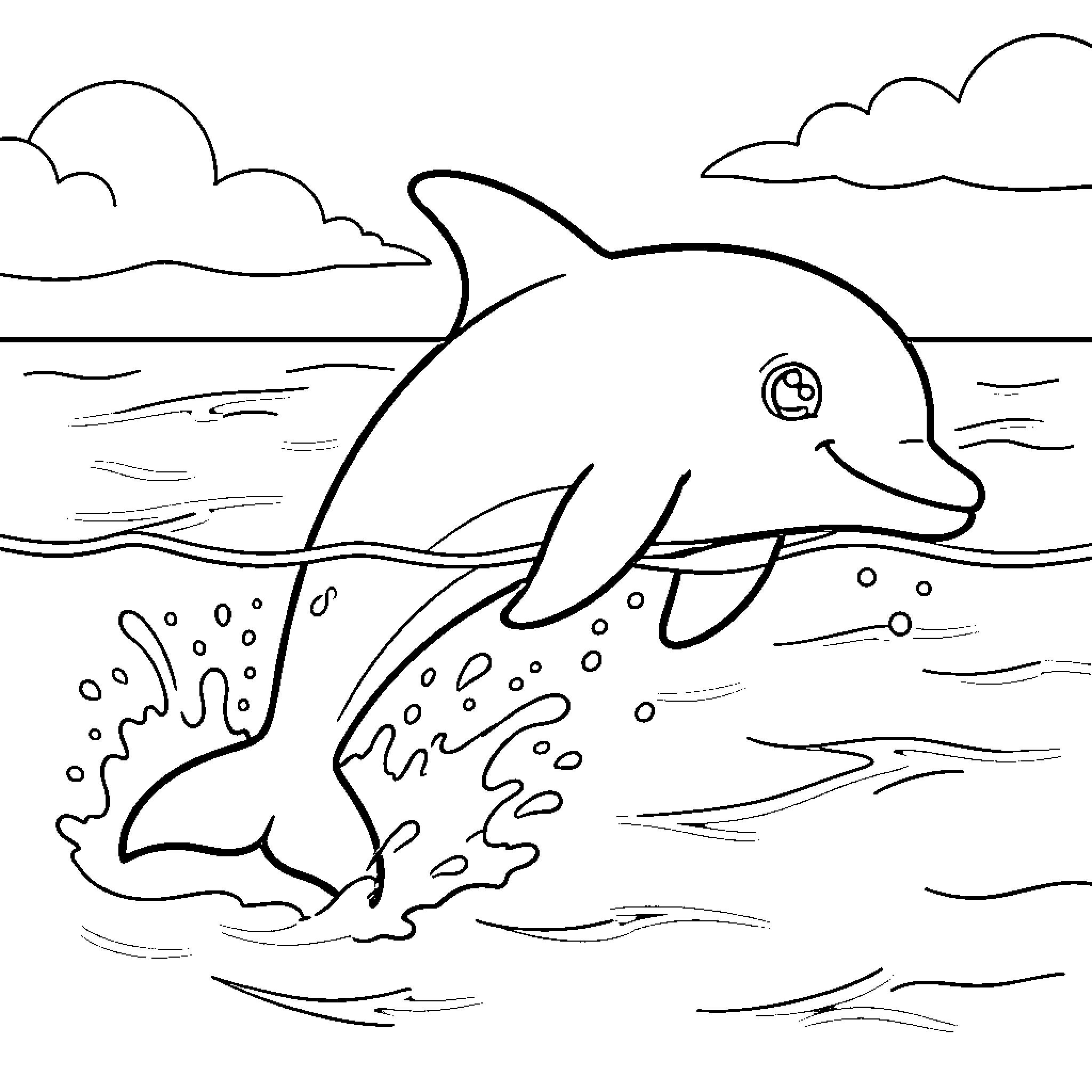 Dolphin happily jumping out of the water Coloring Page (free black-and-white line drawing printable PDF for all, from beginners to advanced learners, including children, teens, adults, and seniors)