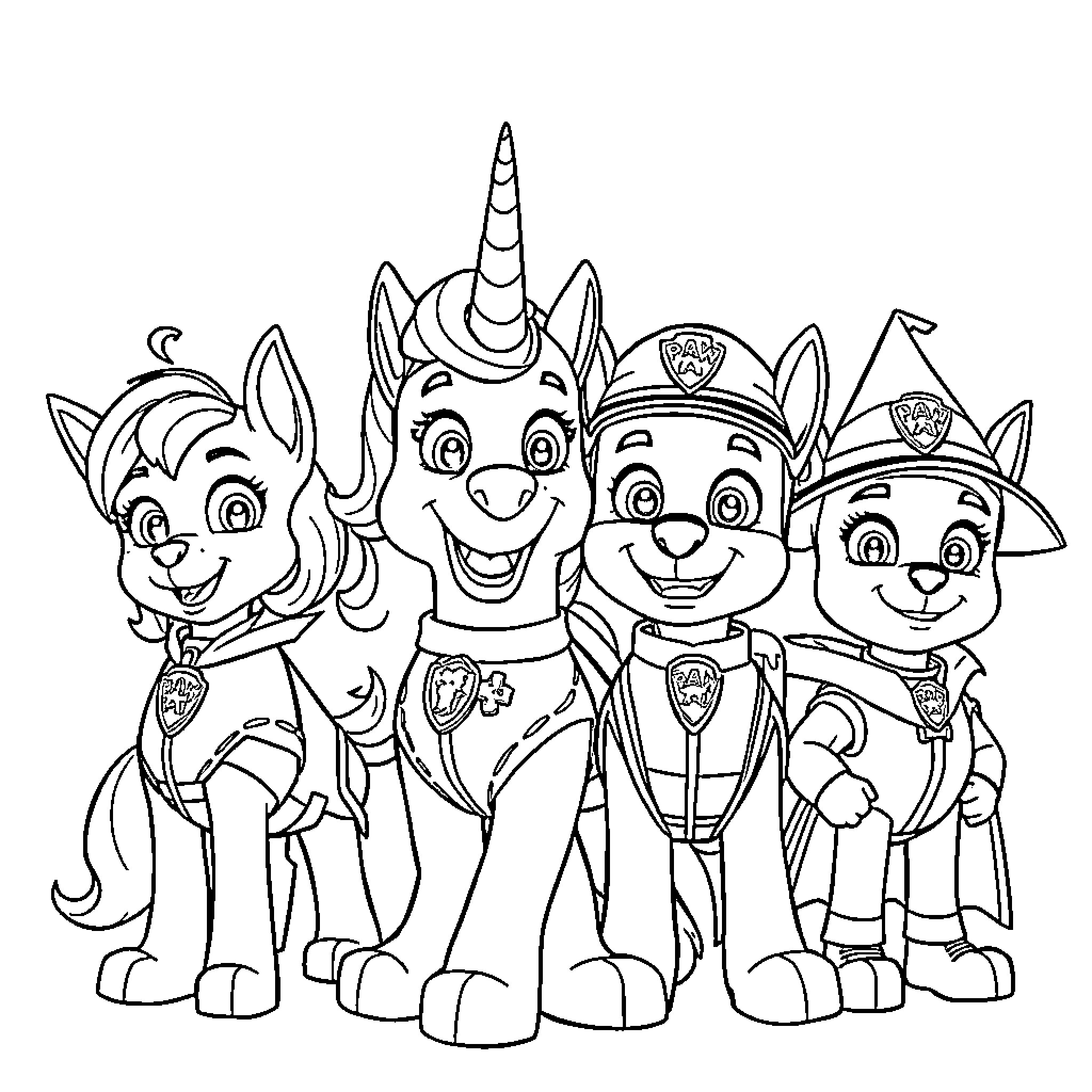 Paw Patrol Pups in Costume Gathering Coloring Page (free black-and-white line drawing printable PDF for all, from beginners to advanced learners, including children, teens, adults, and seniors)