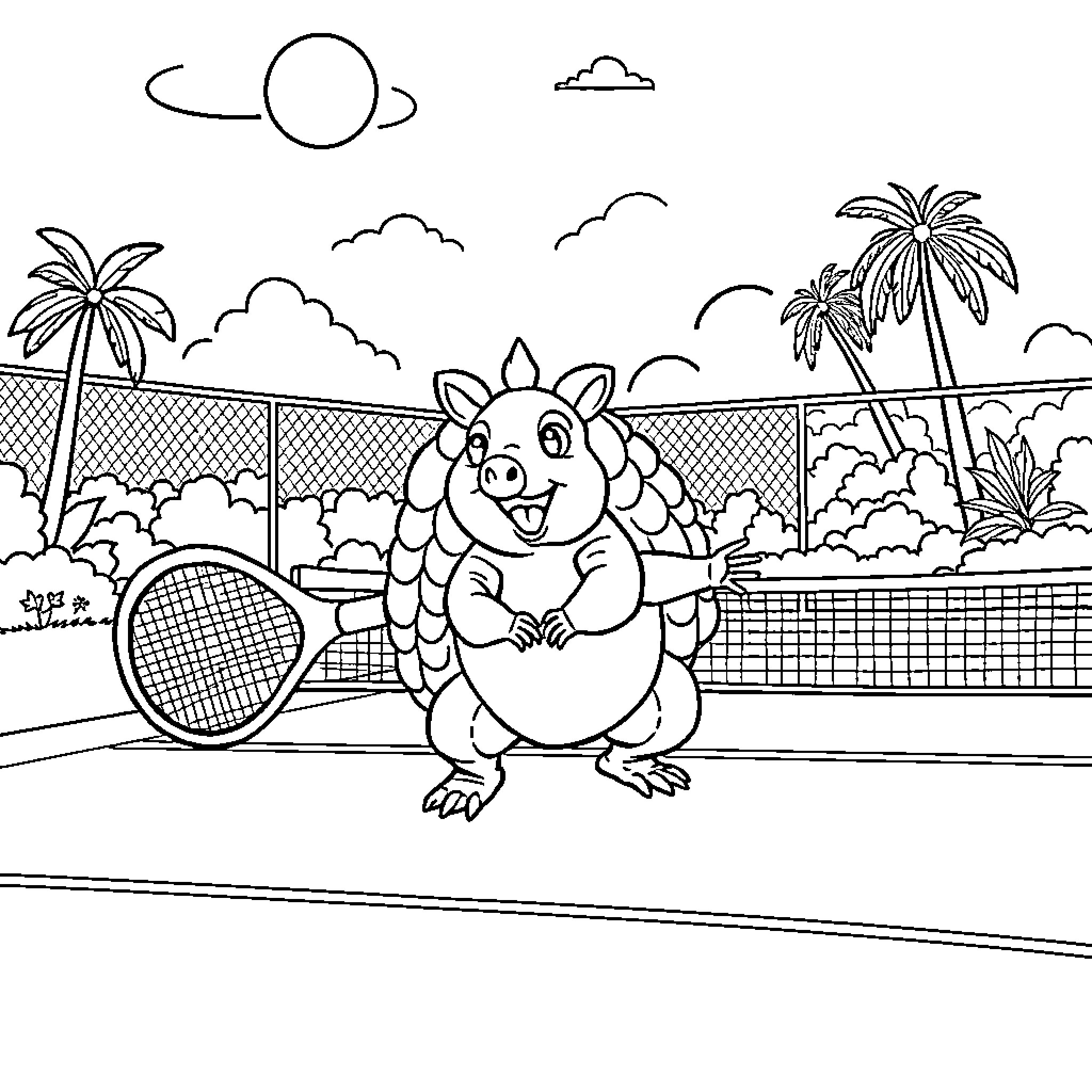 Armadillo playing tennis in tropical paradise Coloring Page (free black-and-white line drawing printable PDF for all, from beginners to advanced learners, including children, teens, adults, and seniors)