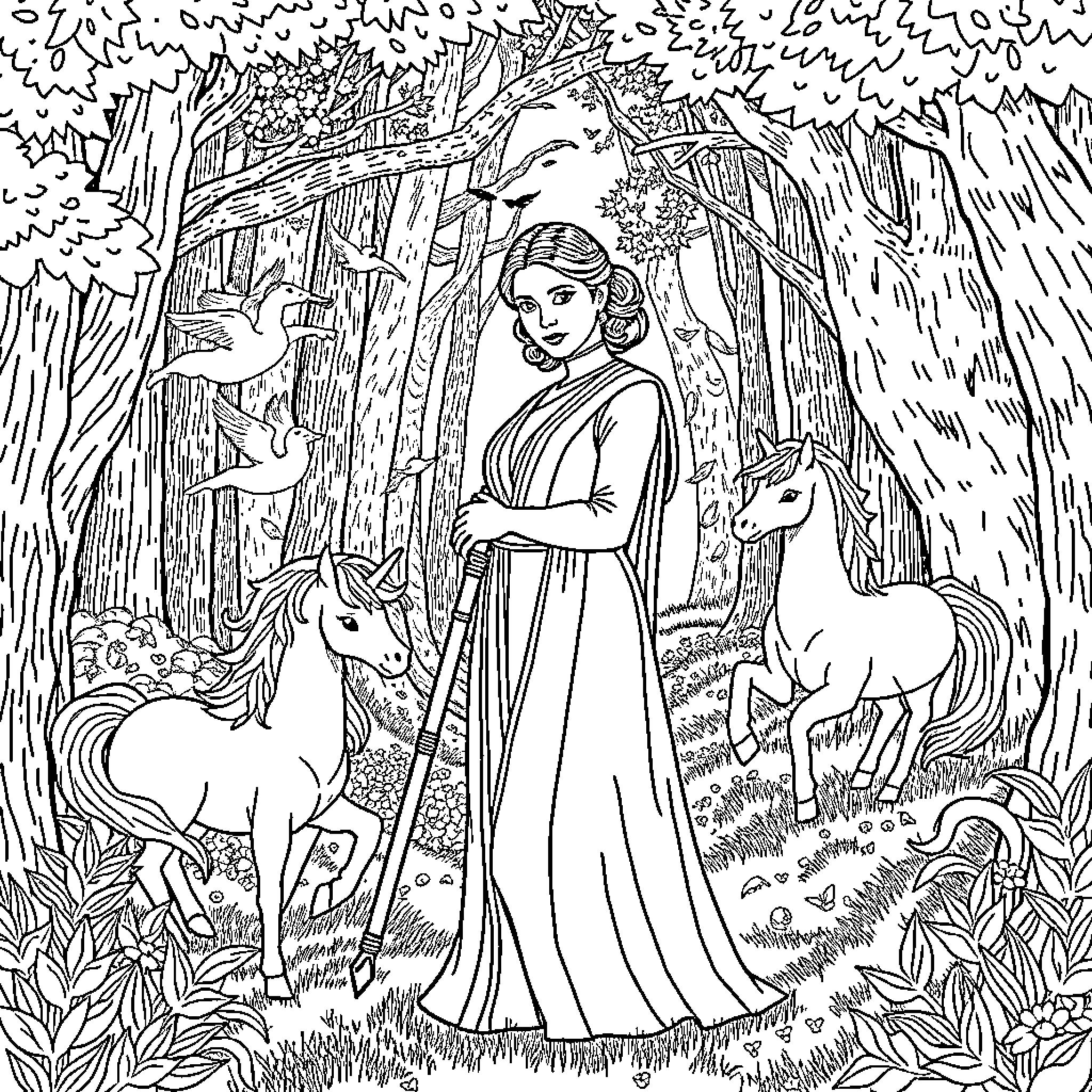 Princess Leia's forest enchantment Coloring Page (free black-and-white line drawing printable PDF for all, from beginners to advanced learners, including children, teens, adults, and seniors)