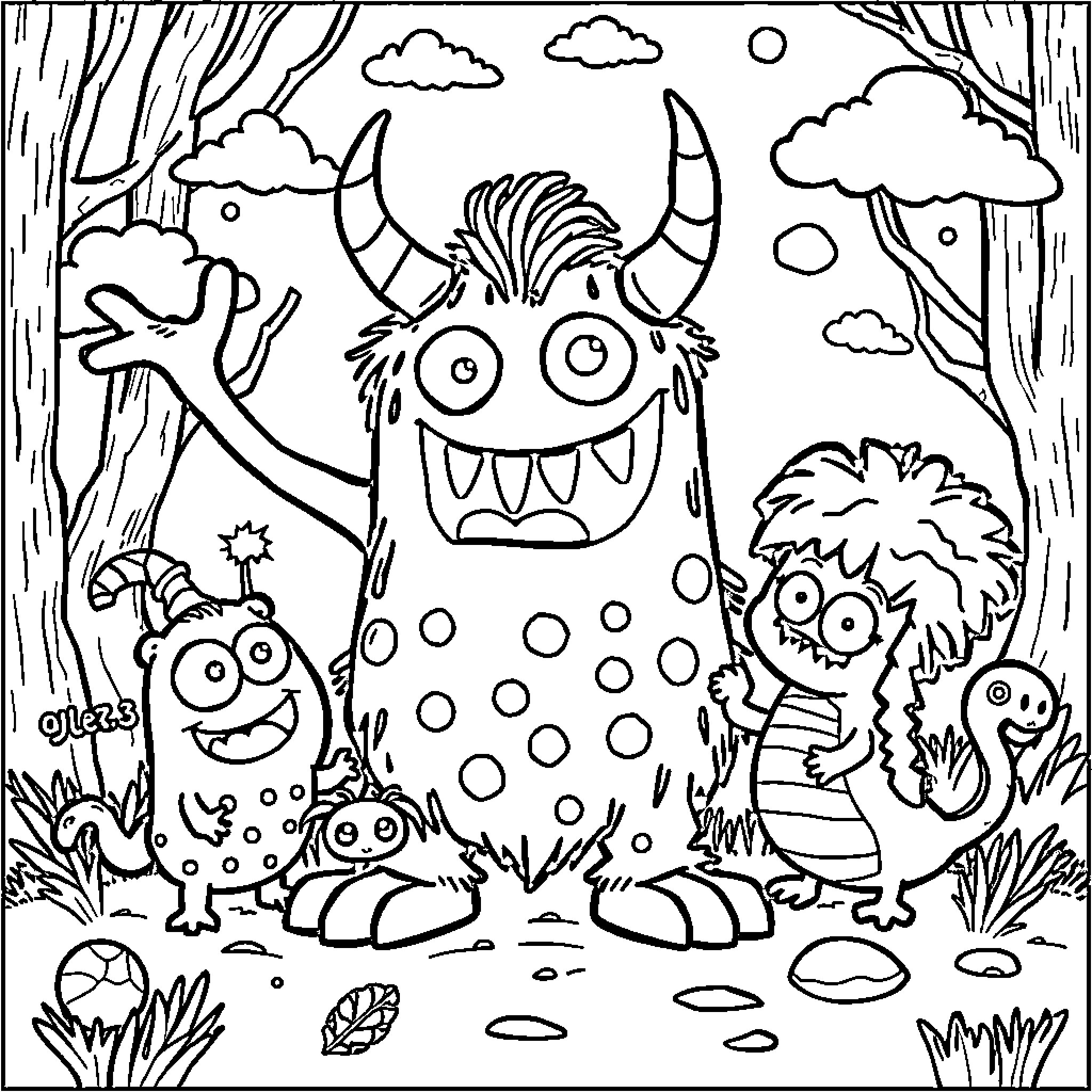 Monster friends exploring the enchanted forest Coloring Page (free black-and-white line drawing printable PDF for all, from beginners to advanced learners, including children, teens, adults, and seniors)
