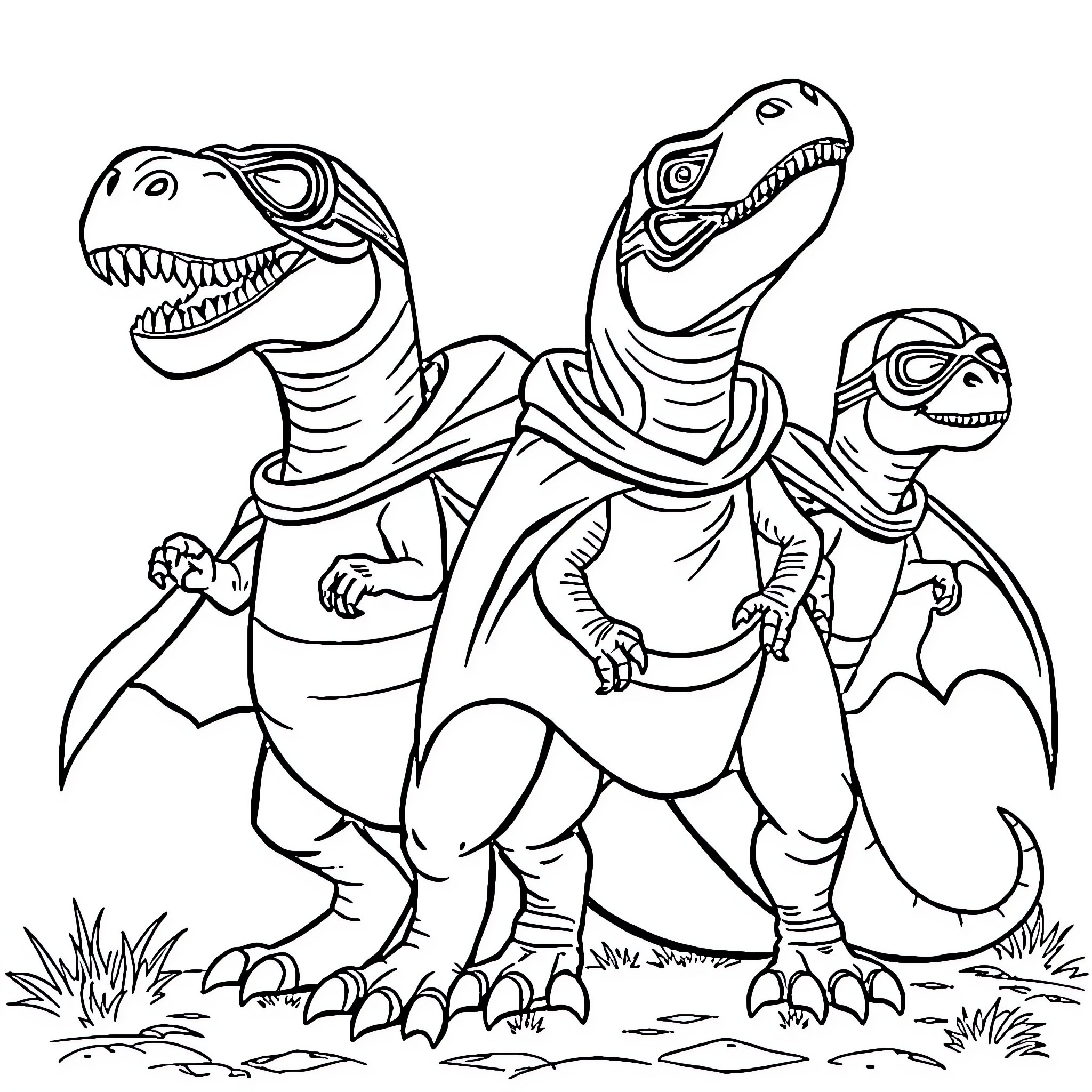 Dinosaur friends on an adventure Coloring Page (free black-and-white line drawing printable PDF for all, from beginners to advanced learners, including children, teens, adults, and seniors)