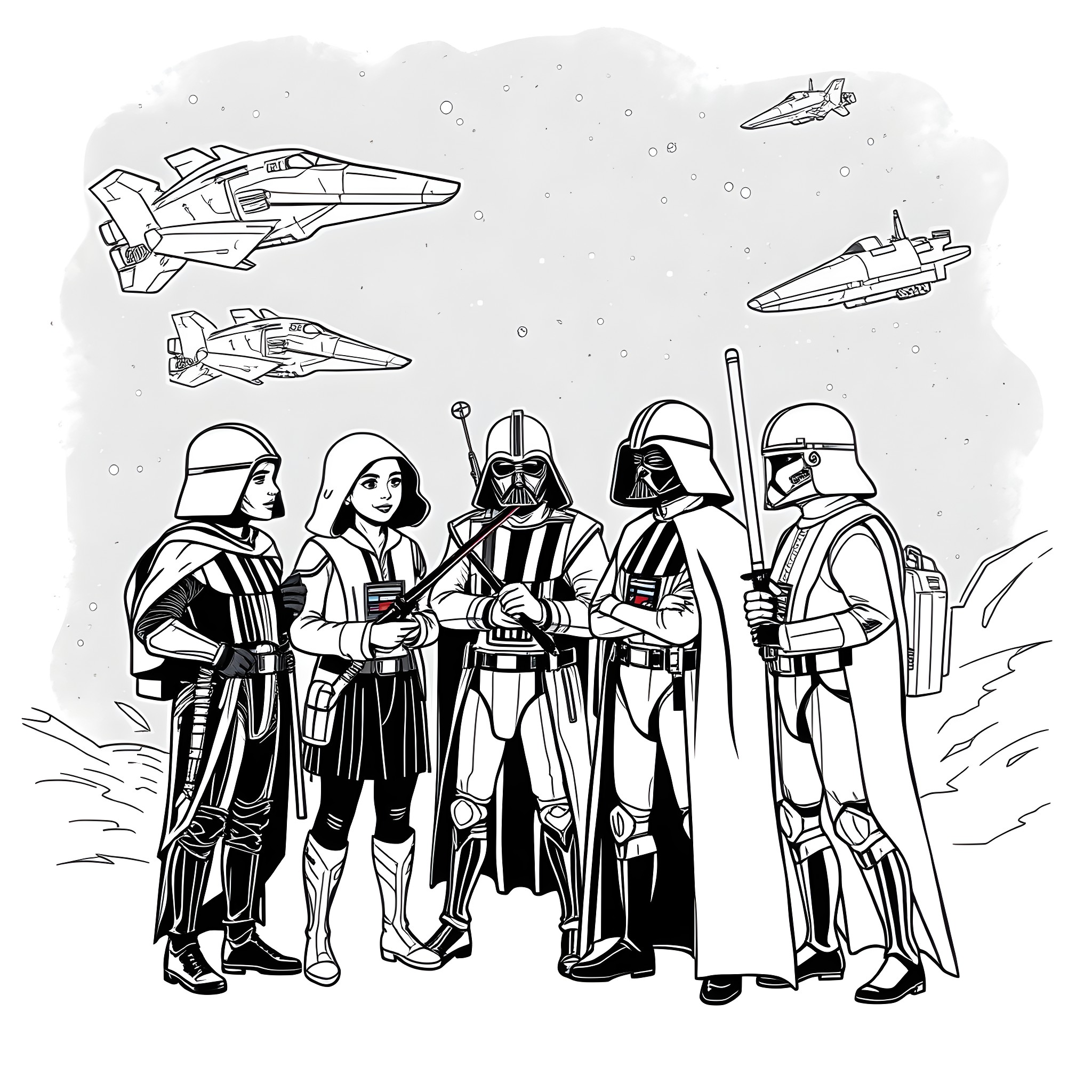 Star Wars characters in futuristic battle attire Coloring Page (free black-and-white line drawing printable PDF for all, from beginners to advanced learners, including children, teens, adults, and seniors)