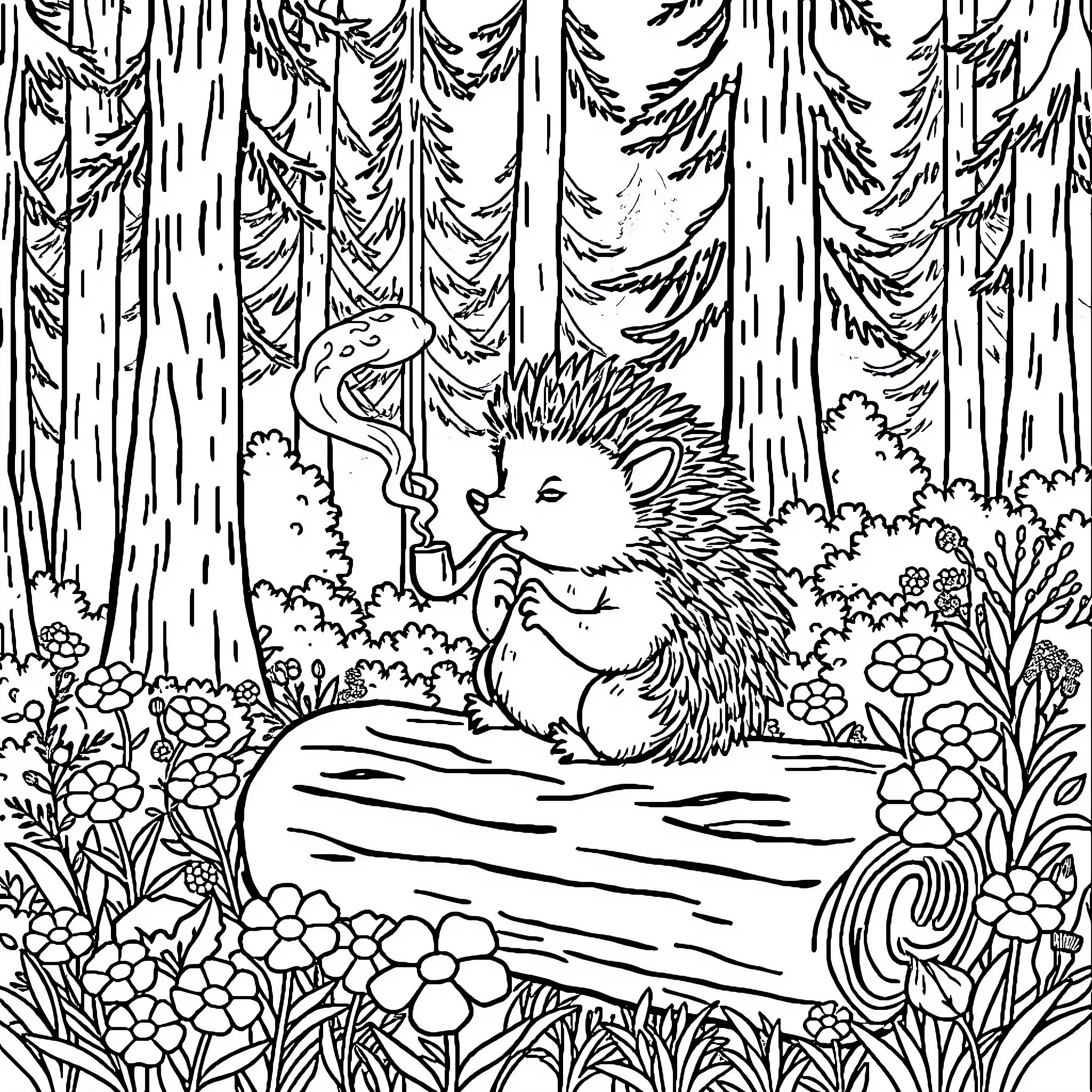 Hedgehog relaxing in forest with flowers Coloring Page (free black-and-white line drawing printable PDF for all, from beginners to advanced learners, including children, teens, adults, and seniors)