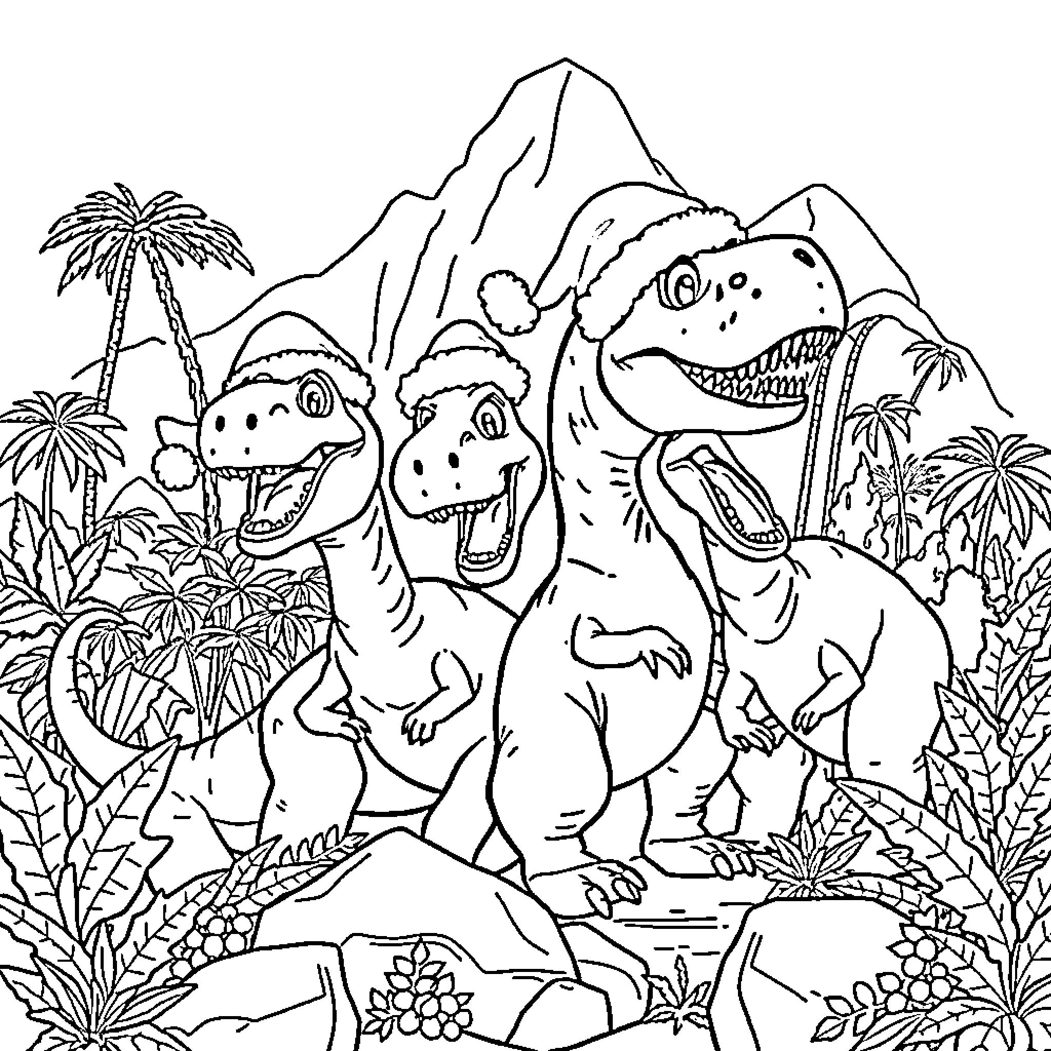 Dinosaurs exploring lush prehistoric landscape Coloring Page (free black-and-white line drawing printable PDF for all, from beginners to advanced learners, including children, teens, adults, and seniors)