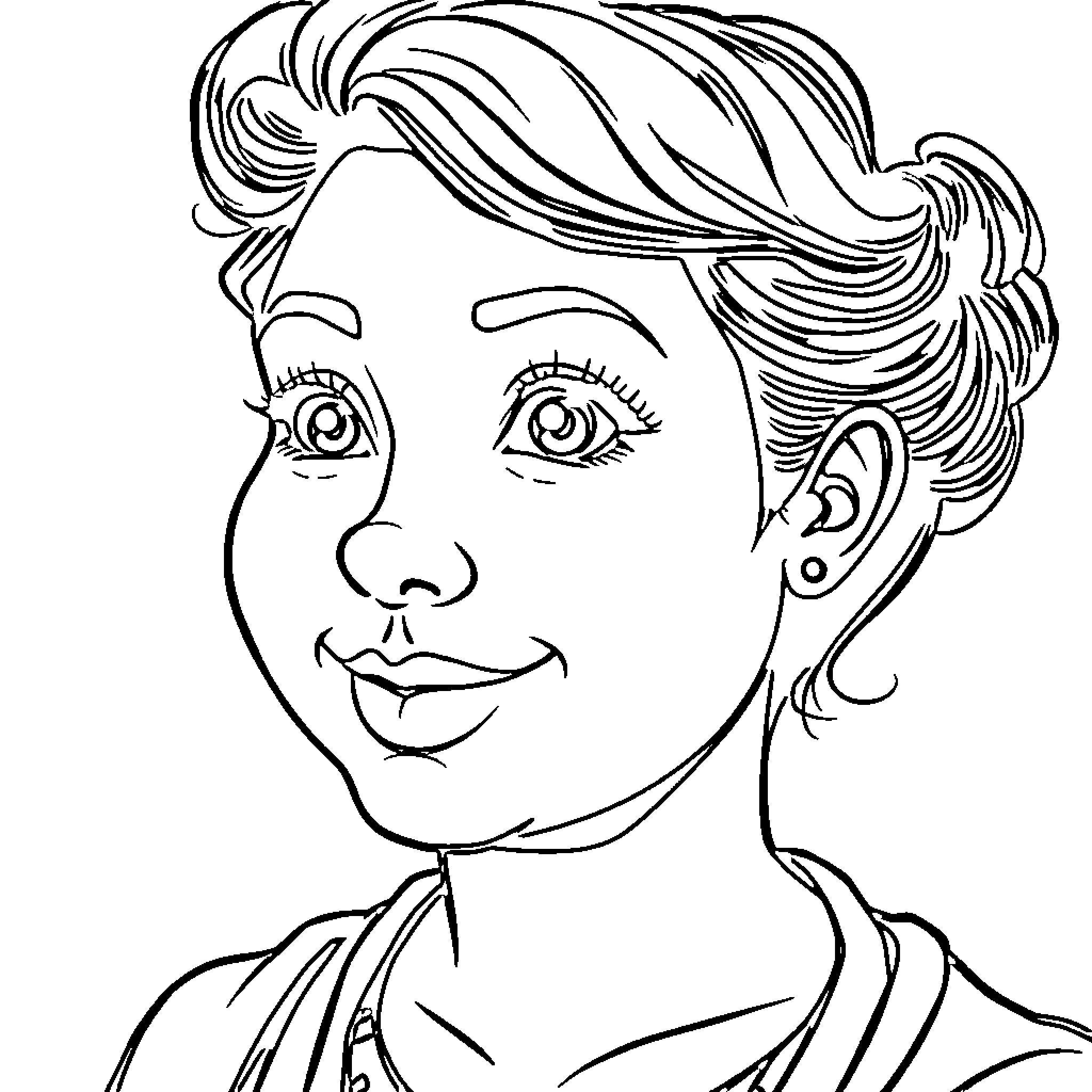 Person with curly hairstyle and friendly expression Coloring Page (free black-and-white line drawing printable PDF for all, from beginners to advanced learners, including children, teens, adults, and seniors)