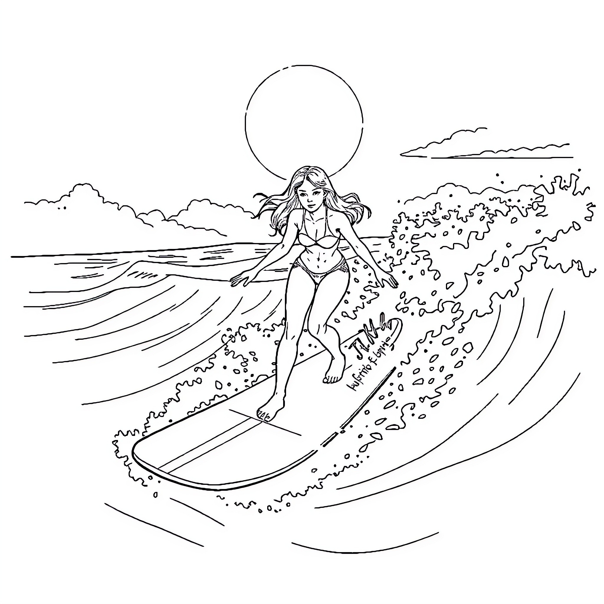 Surfing Girl Riding the Waves on Her Surfboard Coloring Page (free black-and-white line drawing printable PDF for all, from beginners to advanced learners, including children, teens, adults, and seniors)