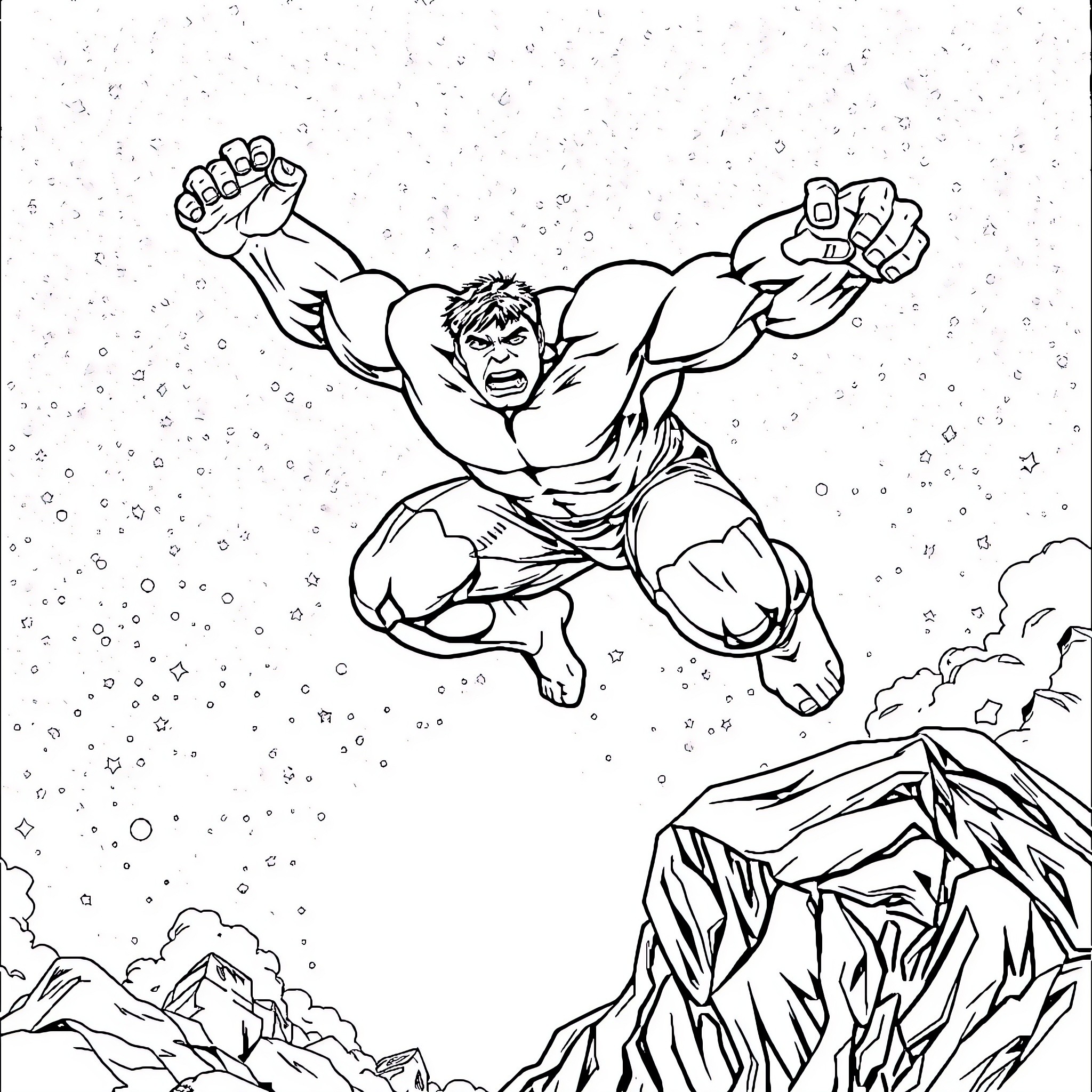 Hulk Smashing Through Icy Terrain Coloring Page (free black-and-white line drawing printable PDF for all, from beginners to advanced learners, including children, teens, adults, and seniors)
