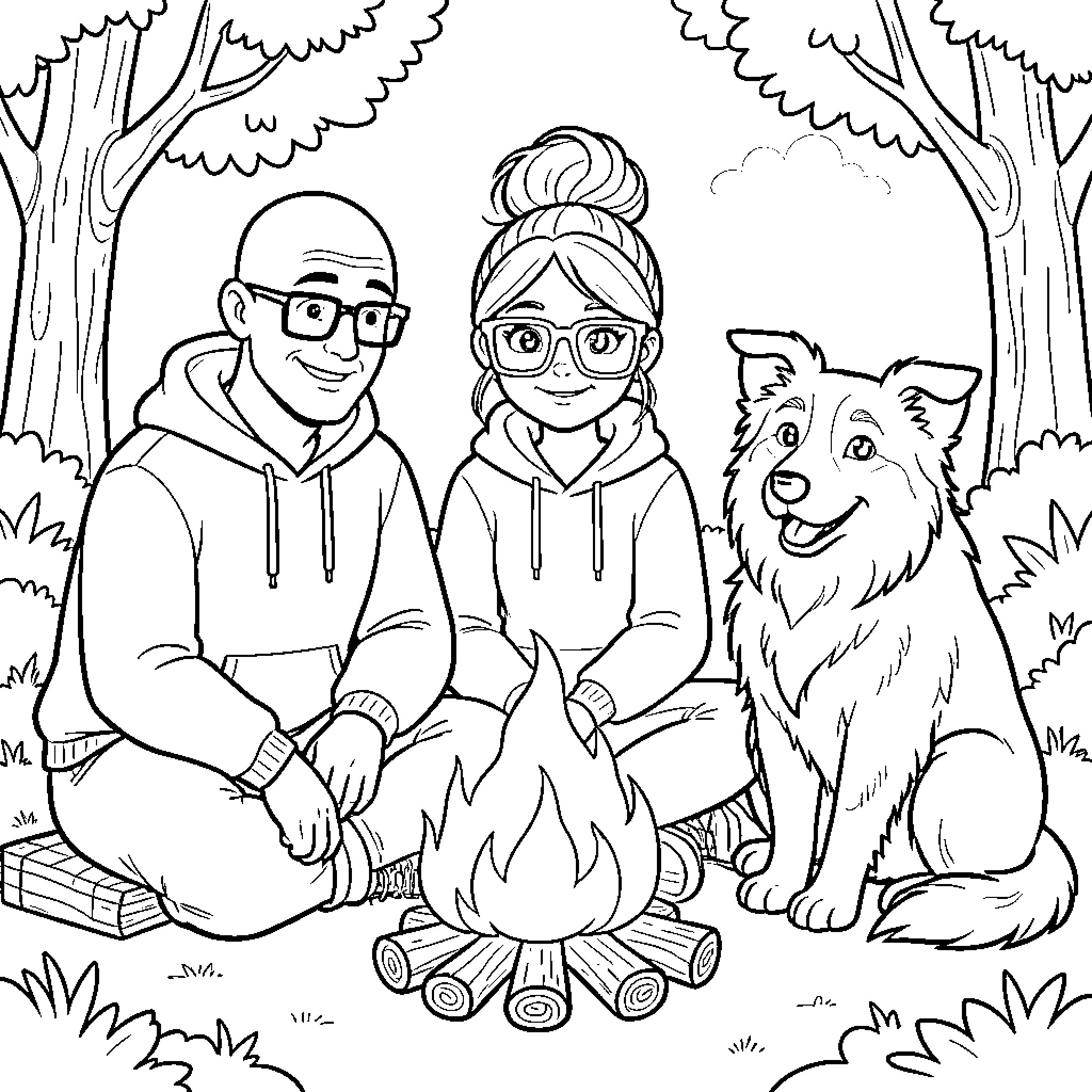 Person enjoying outdoor adventure with dog companion Coloring Page (free black-and-white line drawing printable PDF for all, from beginners to advanced learners, including children, teens, adults, and seniors)