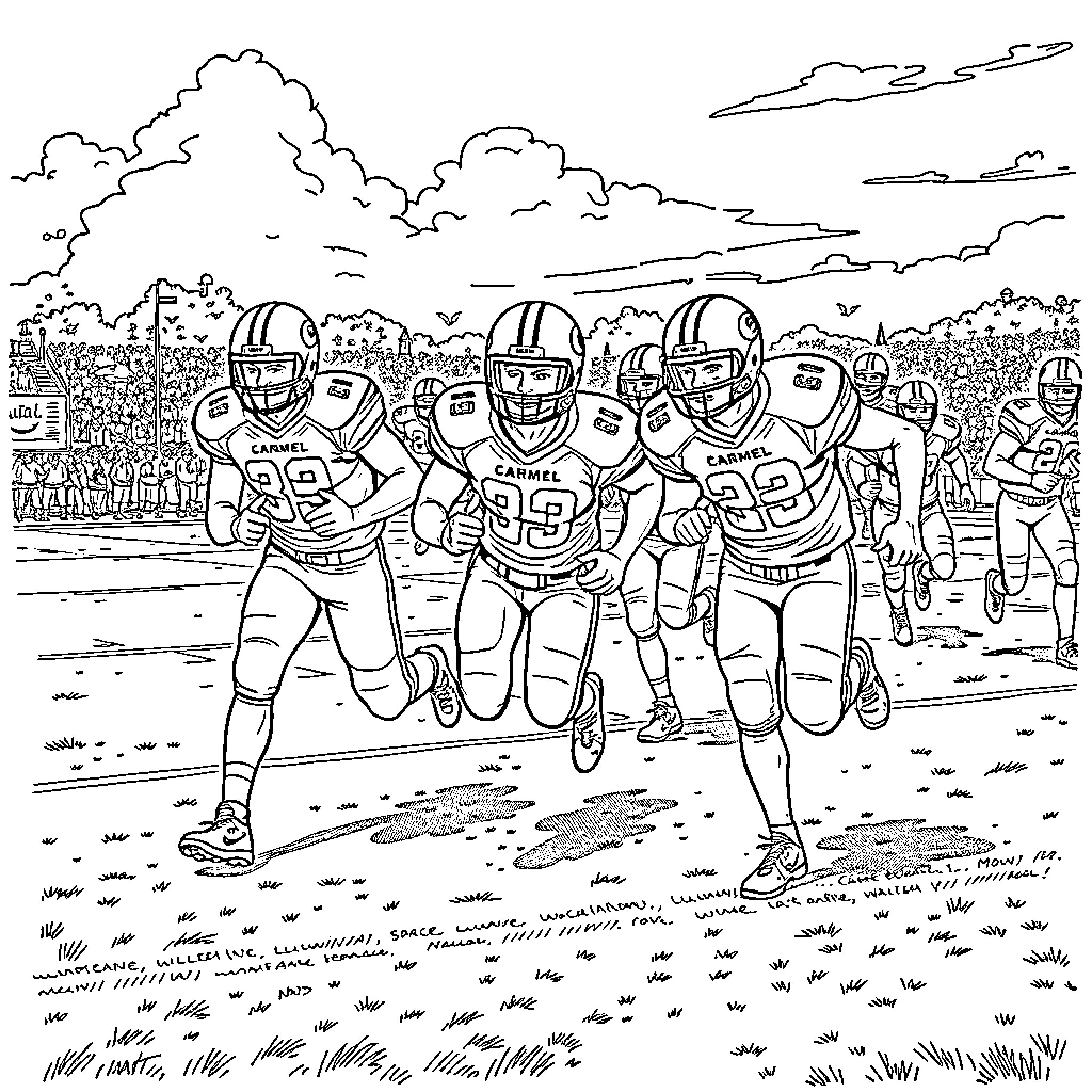 Football Players Running on the Field Coloring Page (free black-and-white line drawing printable PDF for all, from beginners to advanced learners, including children, teens, adults, and seniors)