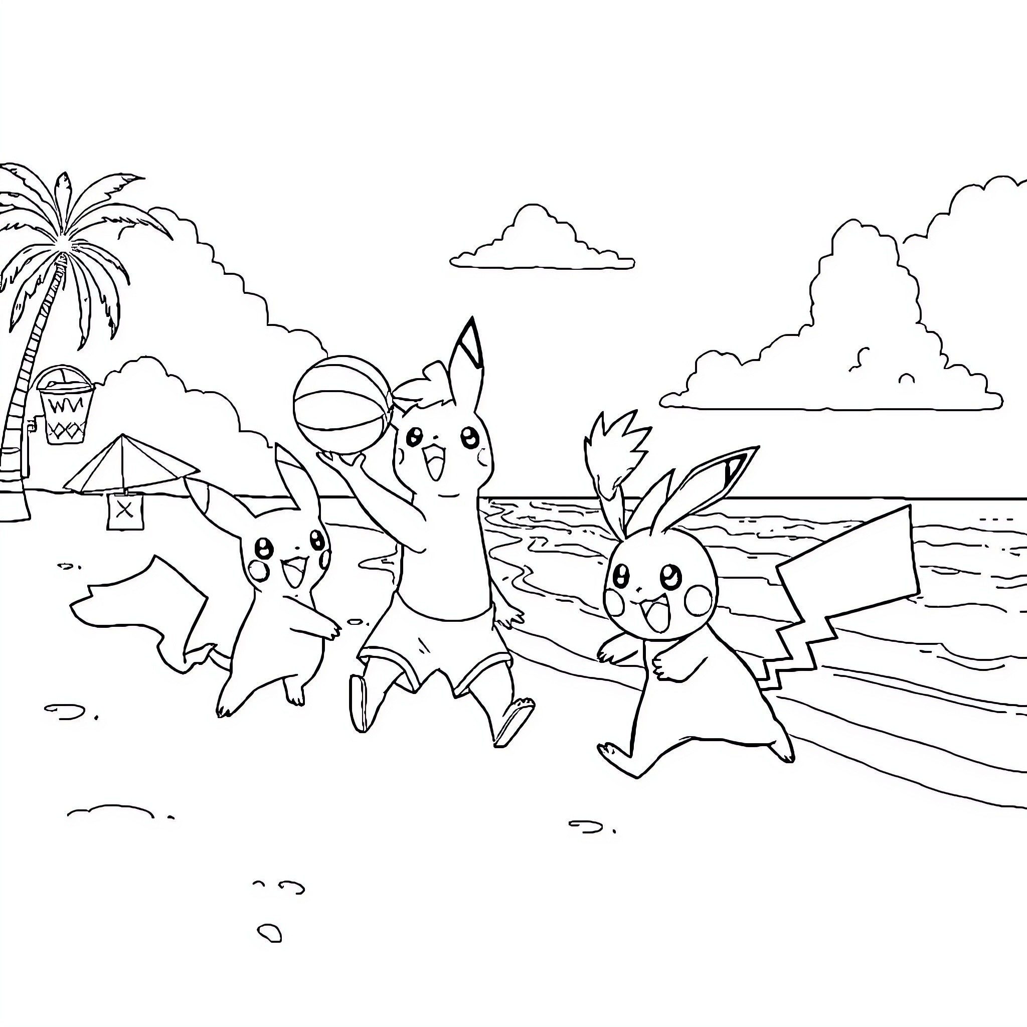 Pokémon characters playing at the beach Coloring Page (free black-and-white line drawing printable PDF for all, from beginners to advanced learners, including children, teens, adults, and seniors)