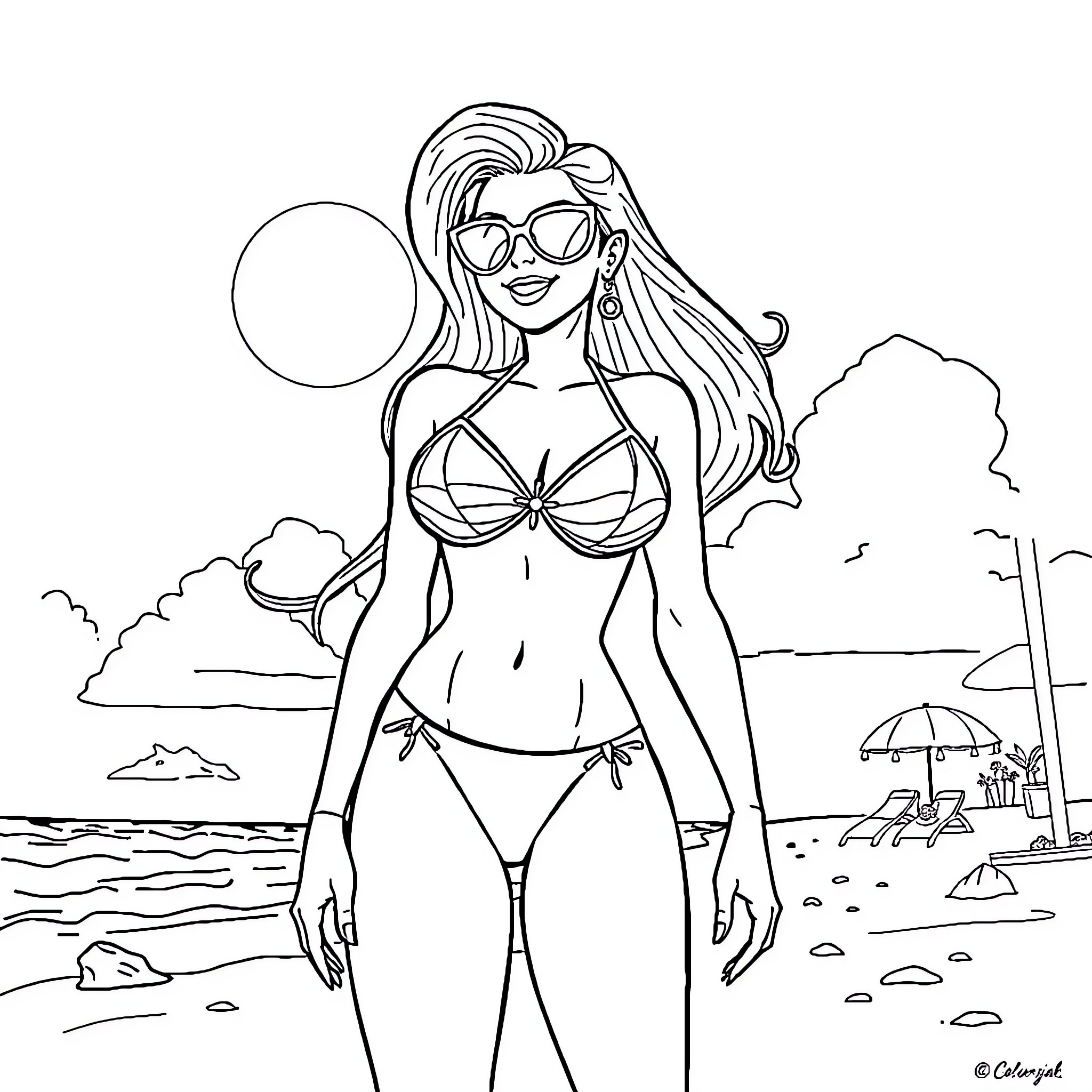 Starfire enjoying a sunny day at the beach Coloring Page (free black-and-white line drawing printable PDF for all, from beginners to advanced learners, including children, teens, adults, and seniors)