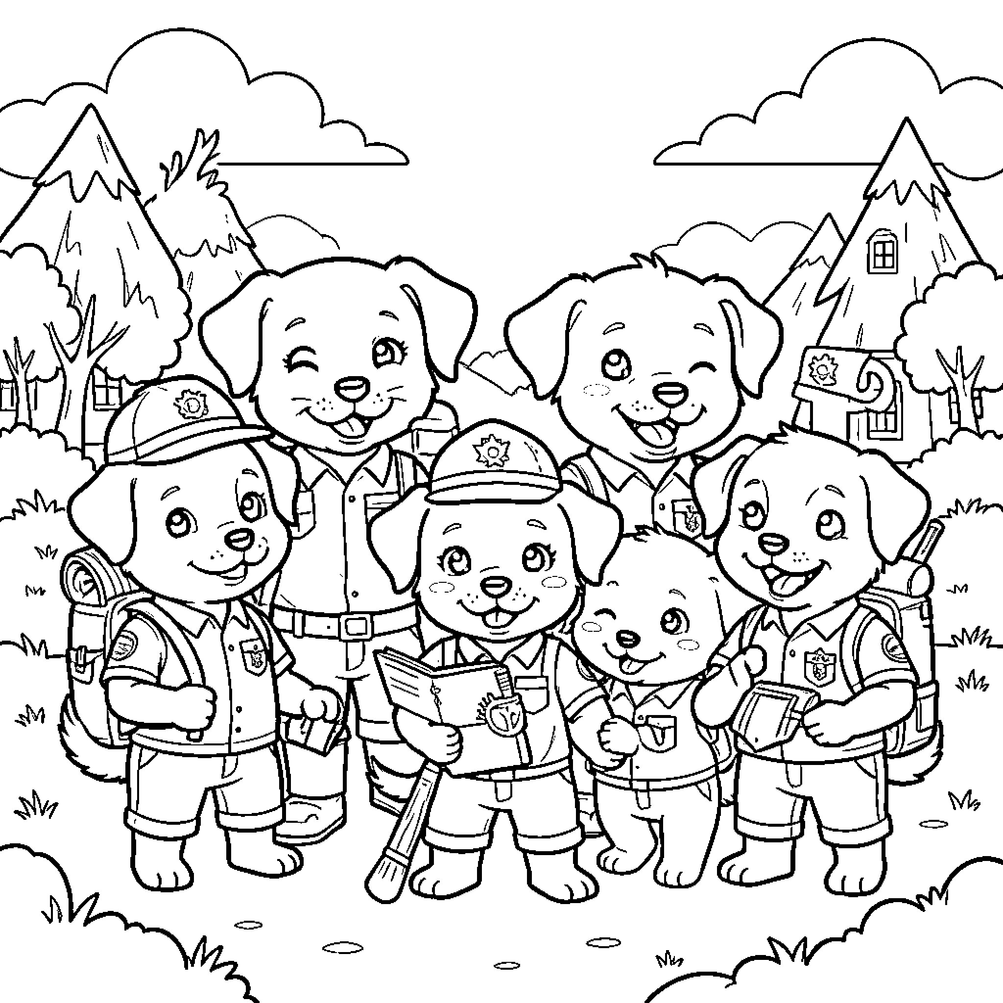 Paw Patrol pups smiling together in a landscape scene Coloring Page (free black-and-white line drawing printable PDF for all, from beginners to advanced learners, including children, teens, adults, and seniors)