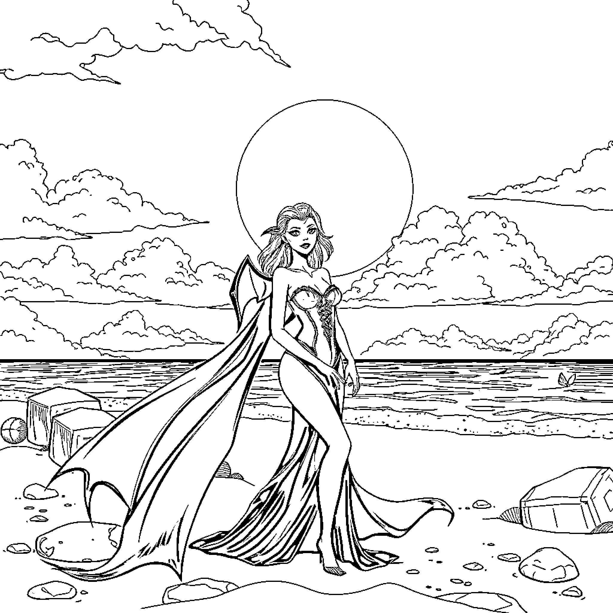 Vampire princess in elegant gown by the sea Coloring Page (free black-and-white line drawing printable PDF for all, from beginners to advanced learners, including children, teens, adults, and seniors)