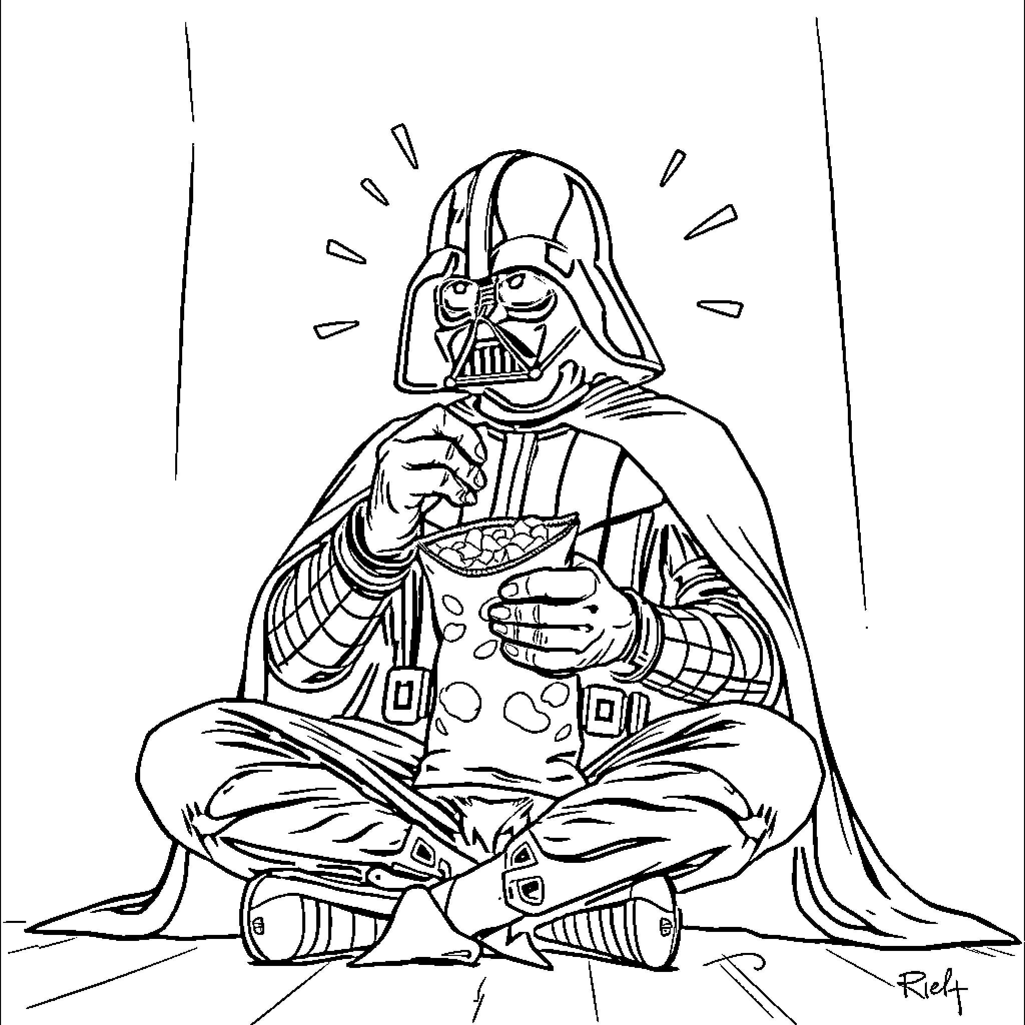 Darth Vader enjoying a tasty meal Coloring Page (free black-and-white line drawing printable PDF for all, from beginners to advanced learners, including children, teens, adults, and seniors)