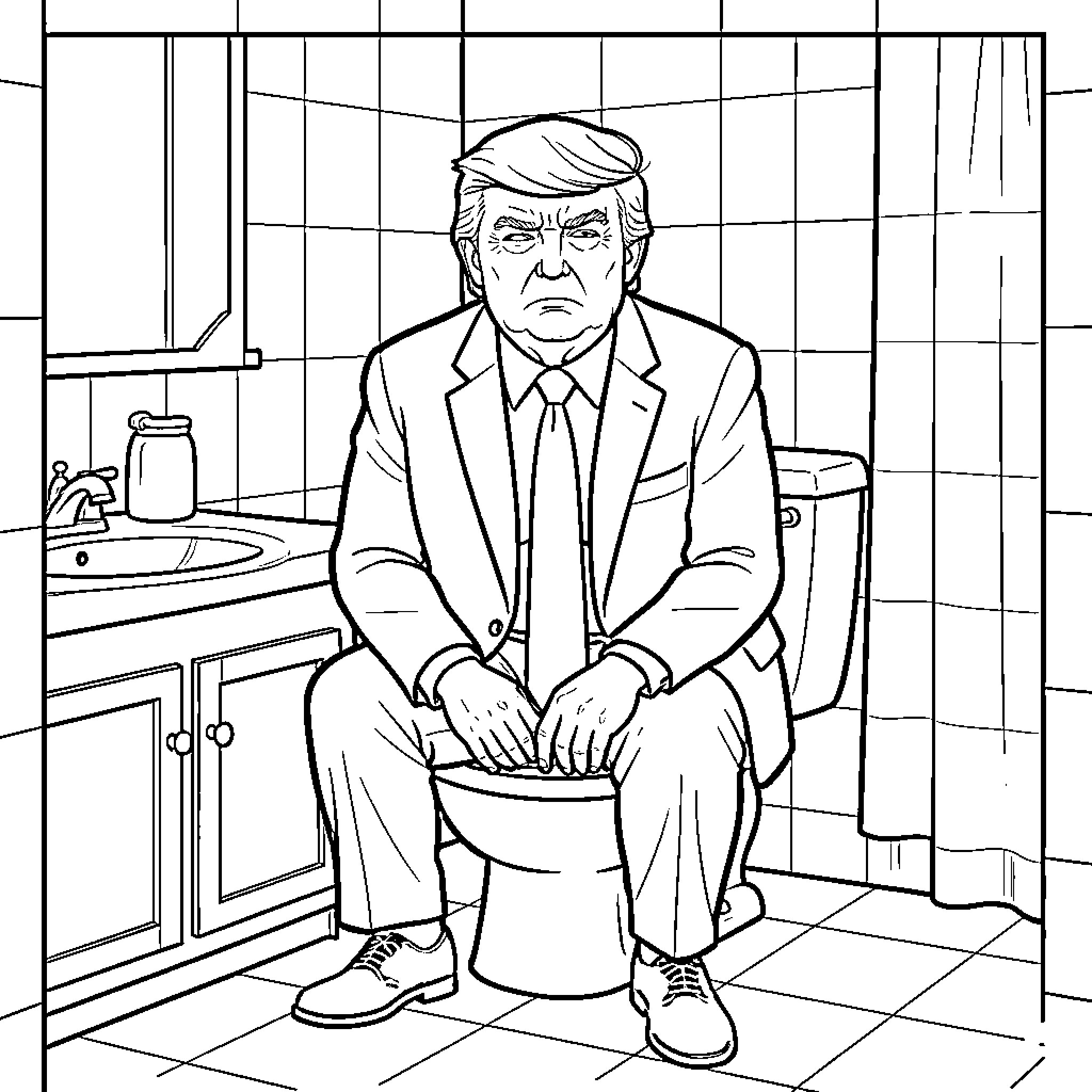 Trump sitting on a toilet with a serious expression Coloring Page (free black-and-white line drawing printable PDF for all, from beginners to advanced learners, including children, teens, adults, and seniors)