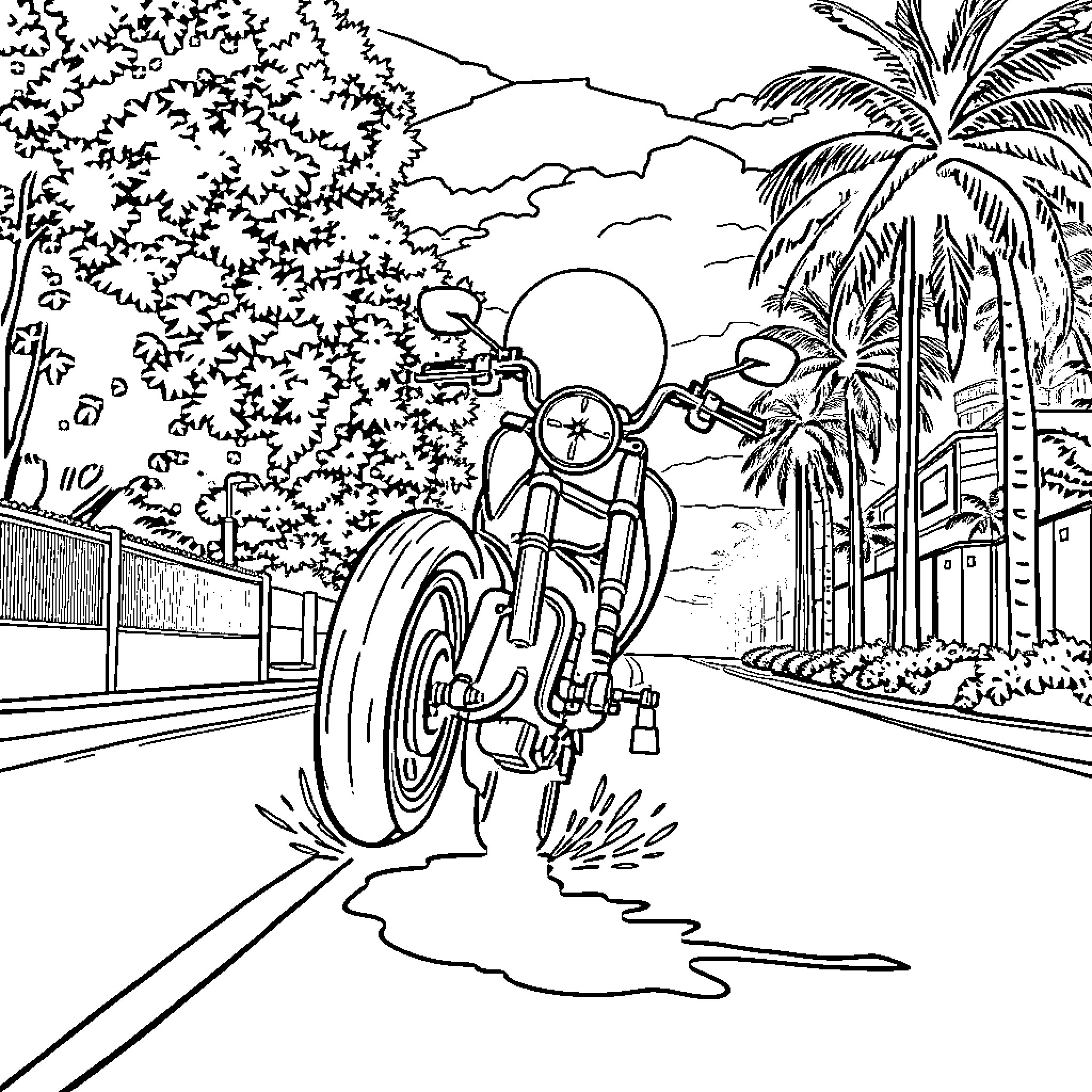 Motorcycle Rider on Tropical Road Coloring Page (free black-and-white line drawing printable PDF for all, from beginners to advanced learners, including children, teens, adults, and seniors)