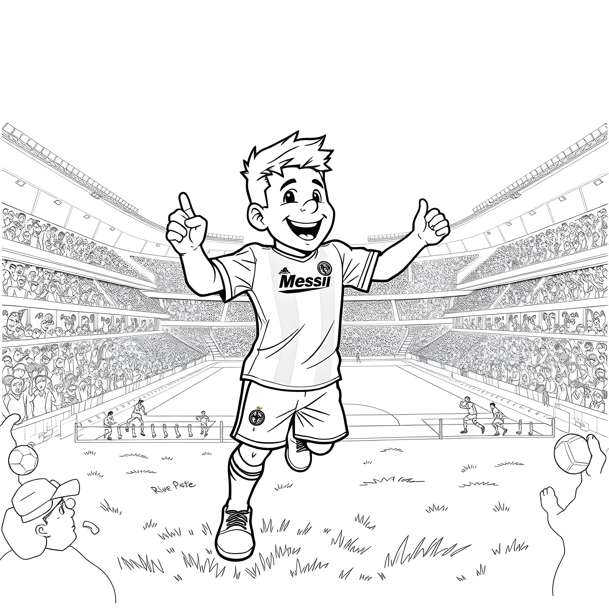 Superzing footballer celebrating victory on the field Coloring Page (free black-and-white line drawing printable PDF for all, from beginners to advanced learners, including children, teens, adults, and seniors)