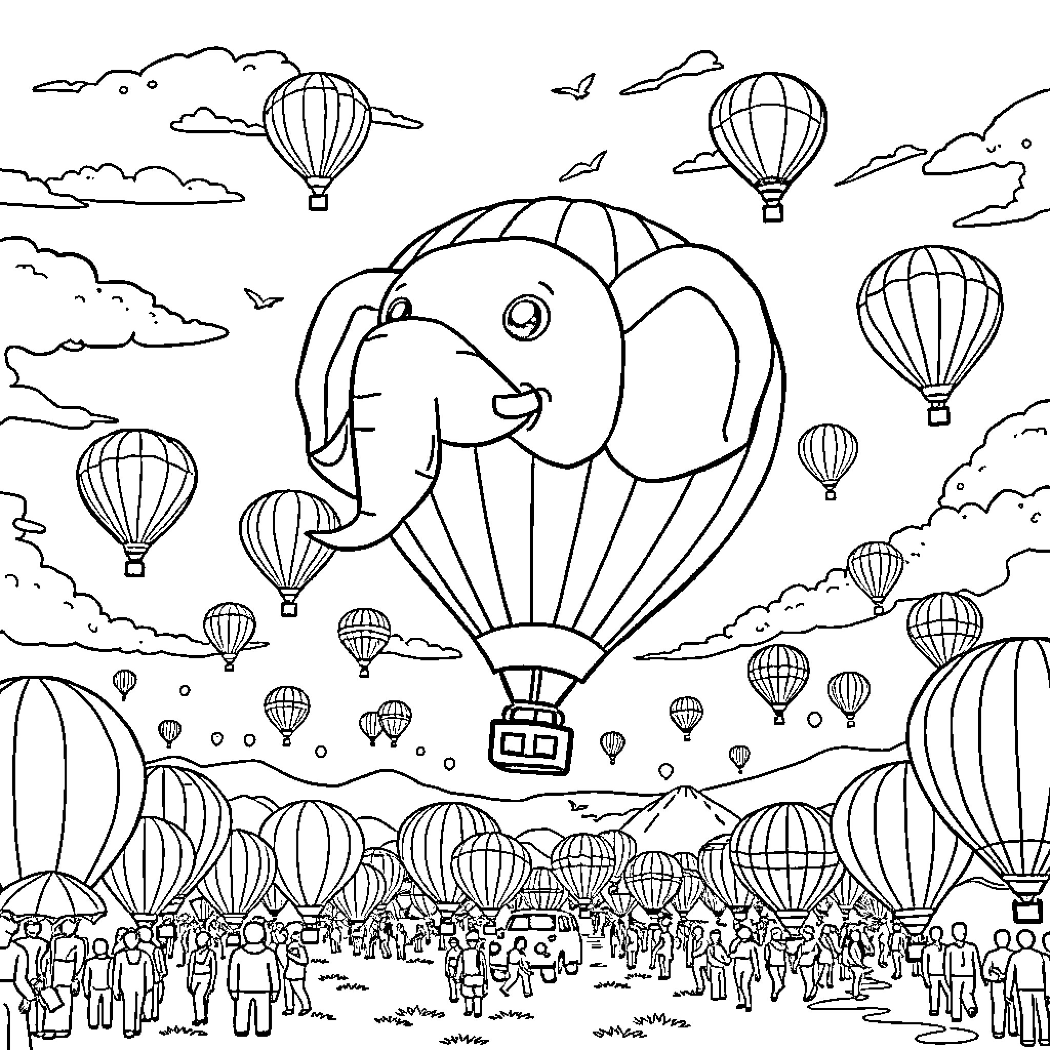 Hot Air Balloon Festival with Diverse Crowd Coloring Page (free black-and-white line drawing printable PDF for all, from beginners to advanced learners, including children, teens, adults, and seniors)