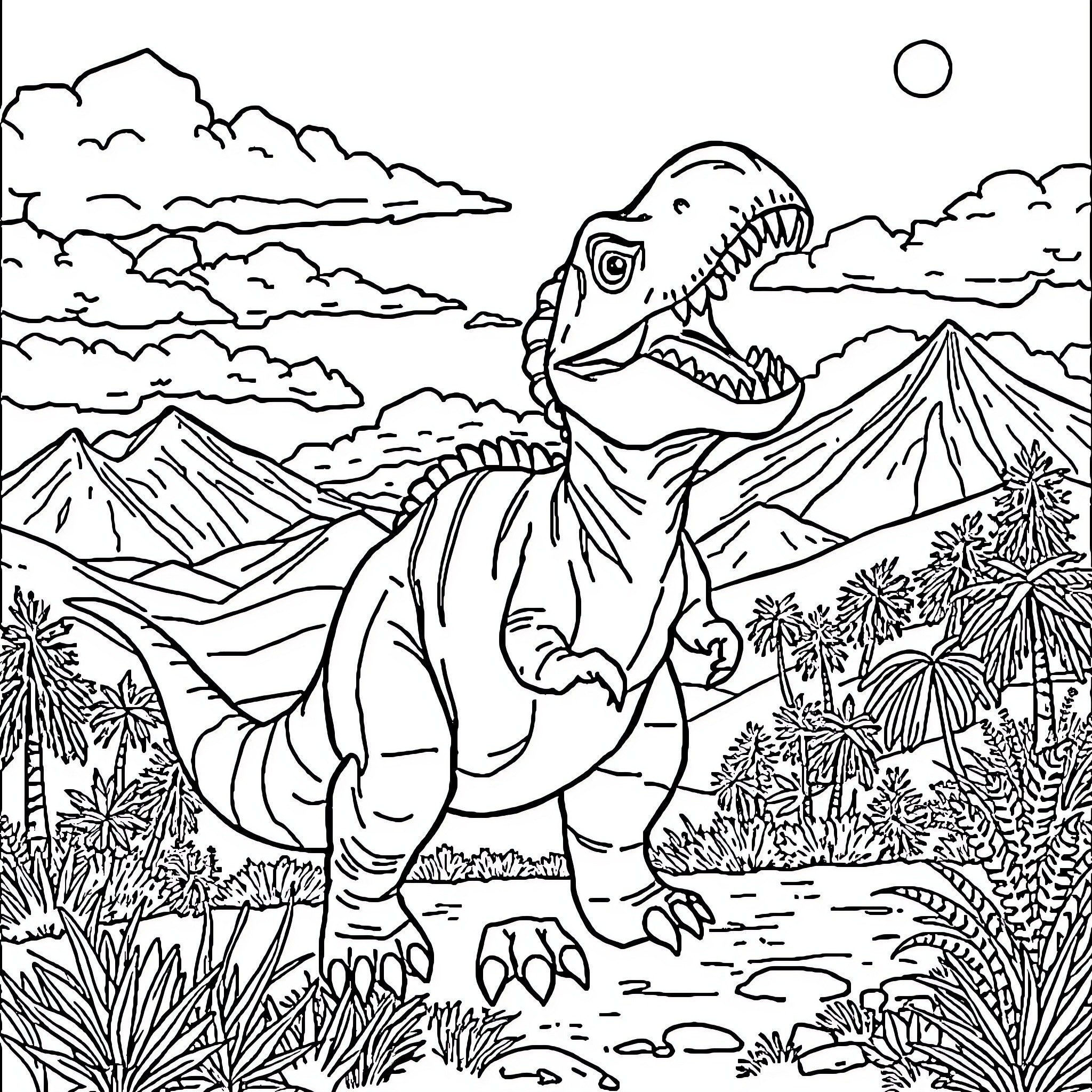 Dinosaur Roaring in Prehistoric Landscape Coloring Page (free black-and-white line drawing printable PDF for all, from beginners to advanced learners, including children, teens, adults, and seniors)