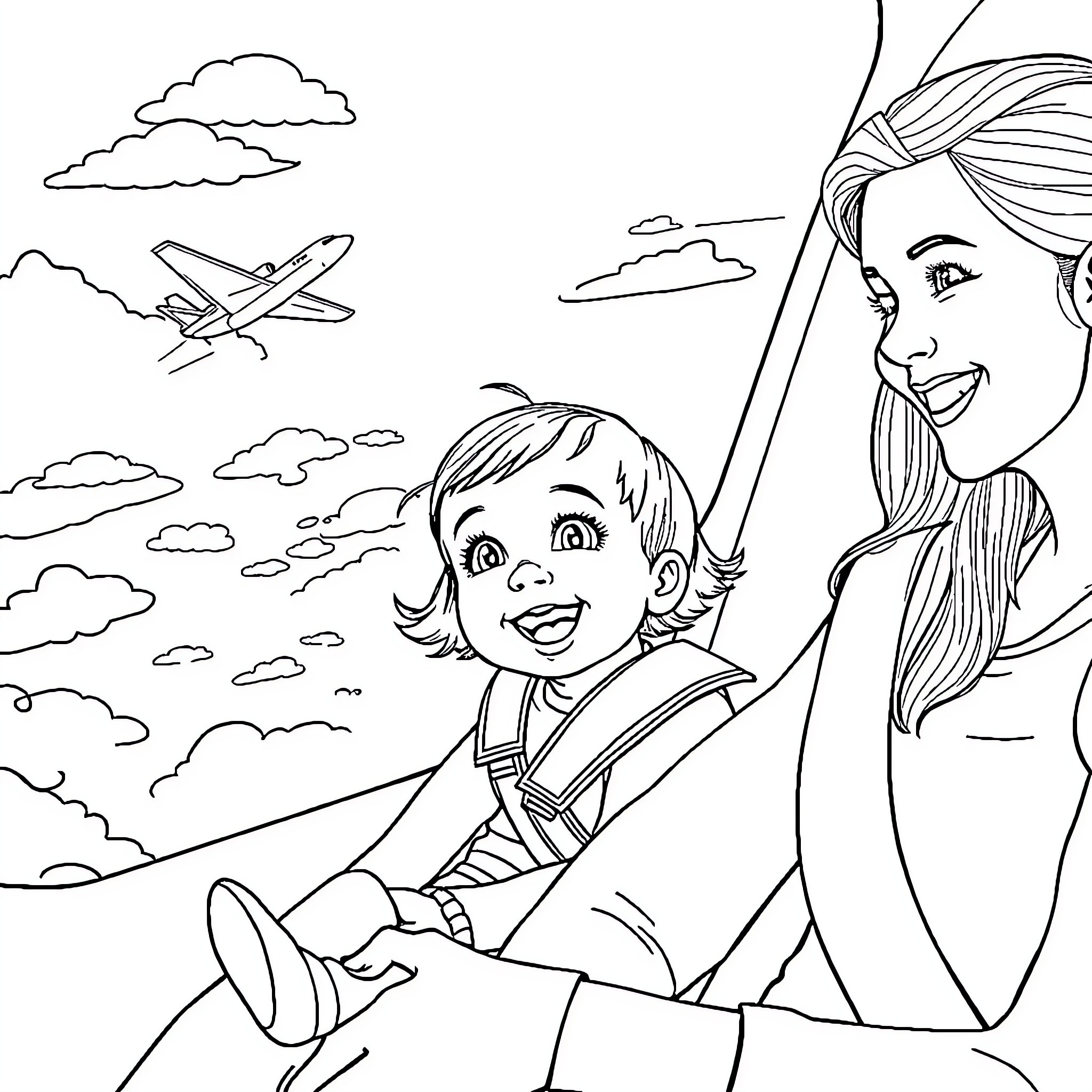 Baby Girl and Mother Enjoying an Airplane Ride Coloring Page (free black-and-white line drawing printable PDF for all, from beginners to advanced learners, including children, teens, adults, and seniors)