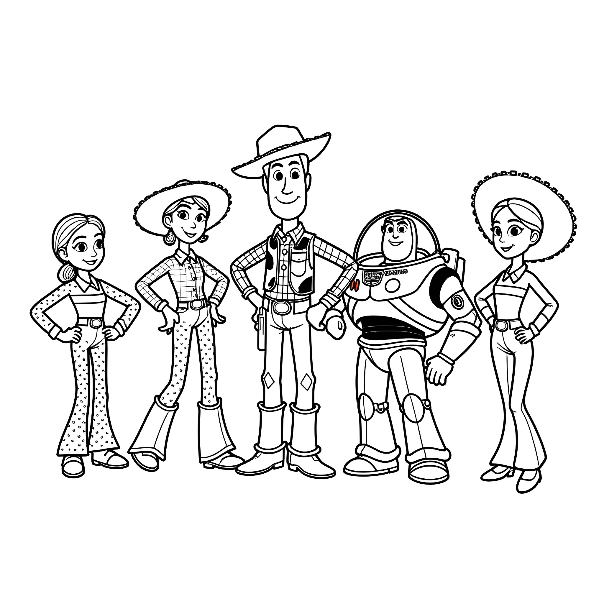 Toy Story characters in western outfits and poses Coloring Page (free black-and-white line drawing printable PDF for all, from beginners to advanced learners, including children, teens, adults, and seniors)