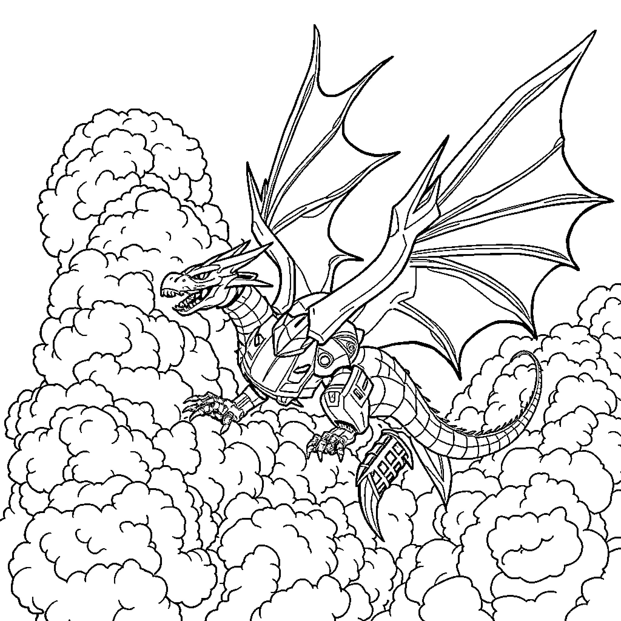 Dragon flying amidst clouds in the sky Coloring Page (free black-and-white line drawing printable PDF for all, from beginners to advanced learners, including children, teens, adults, and seniors)