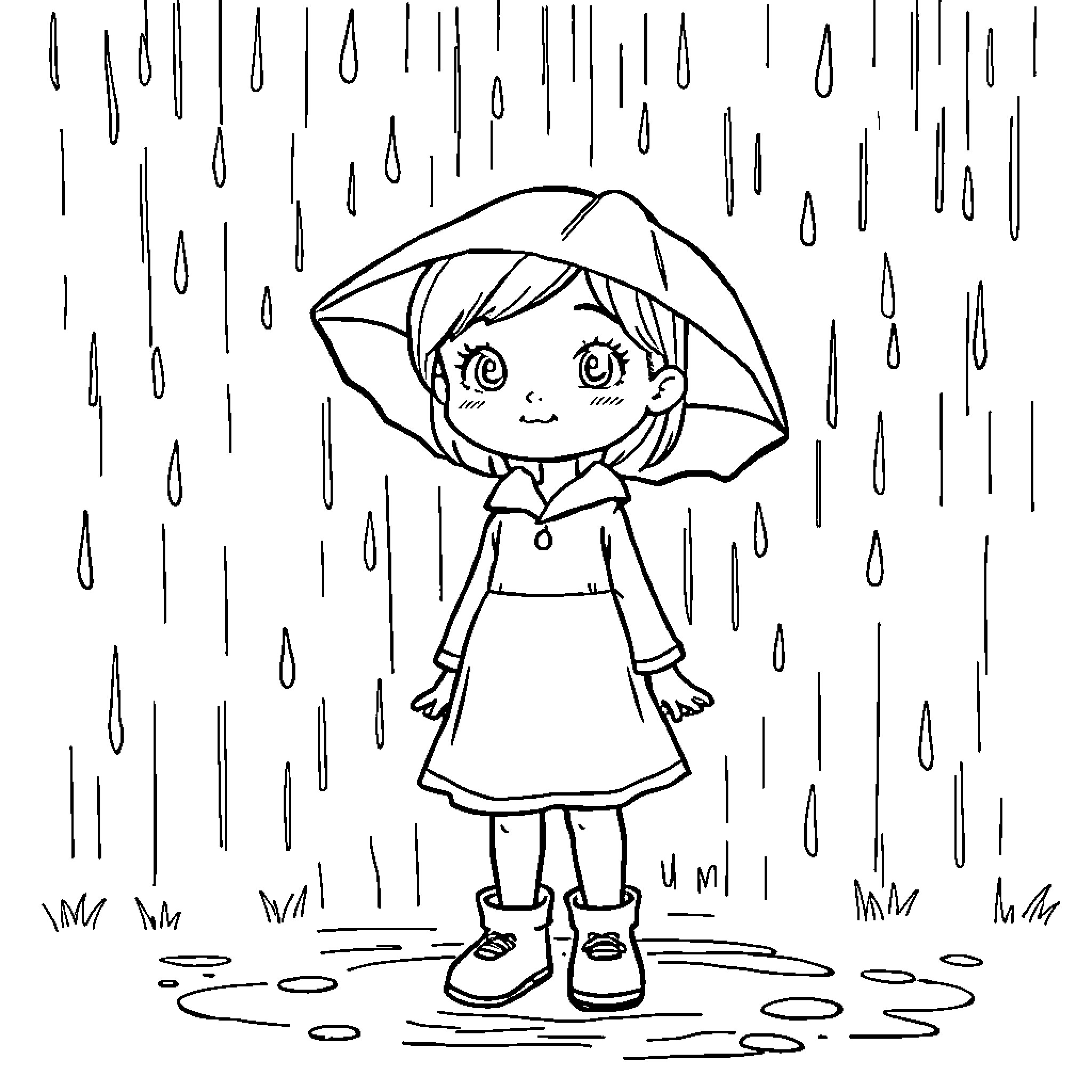 Sophie braves the rainy day with her umbrella Coloring Page (free black-and-white line drawing printable PDF for all, from beginners to advanced learners, including children, teens, adults, and seniors)