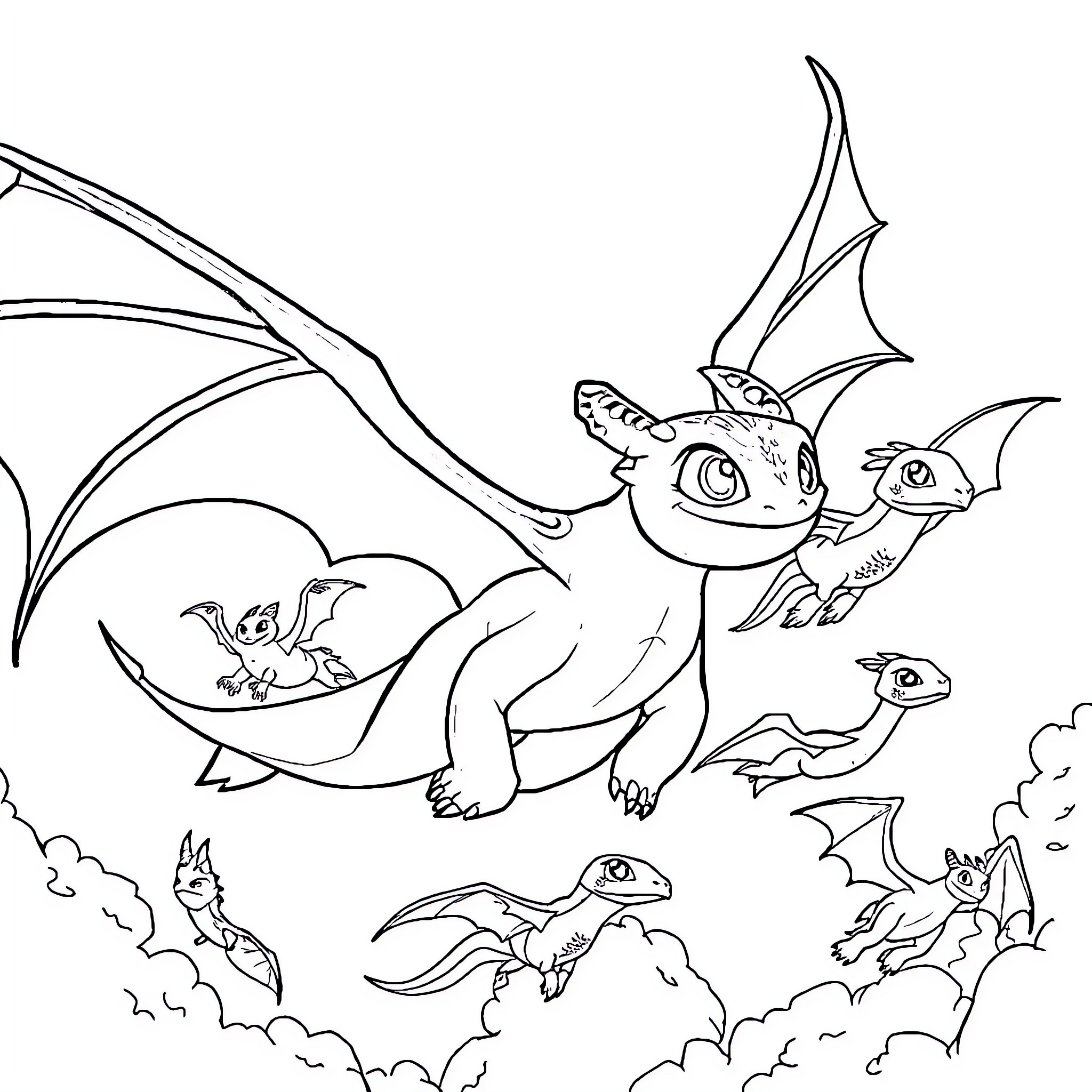 Dragon-like creatures flying and soaring through the sky Coloring Page (free black-and-white line drawing printable PDF for all, from beginners to advanced learners, including children, teens, adults, and seniors)