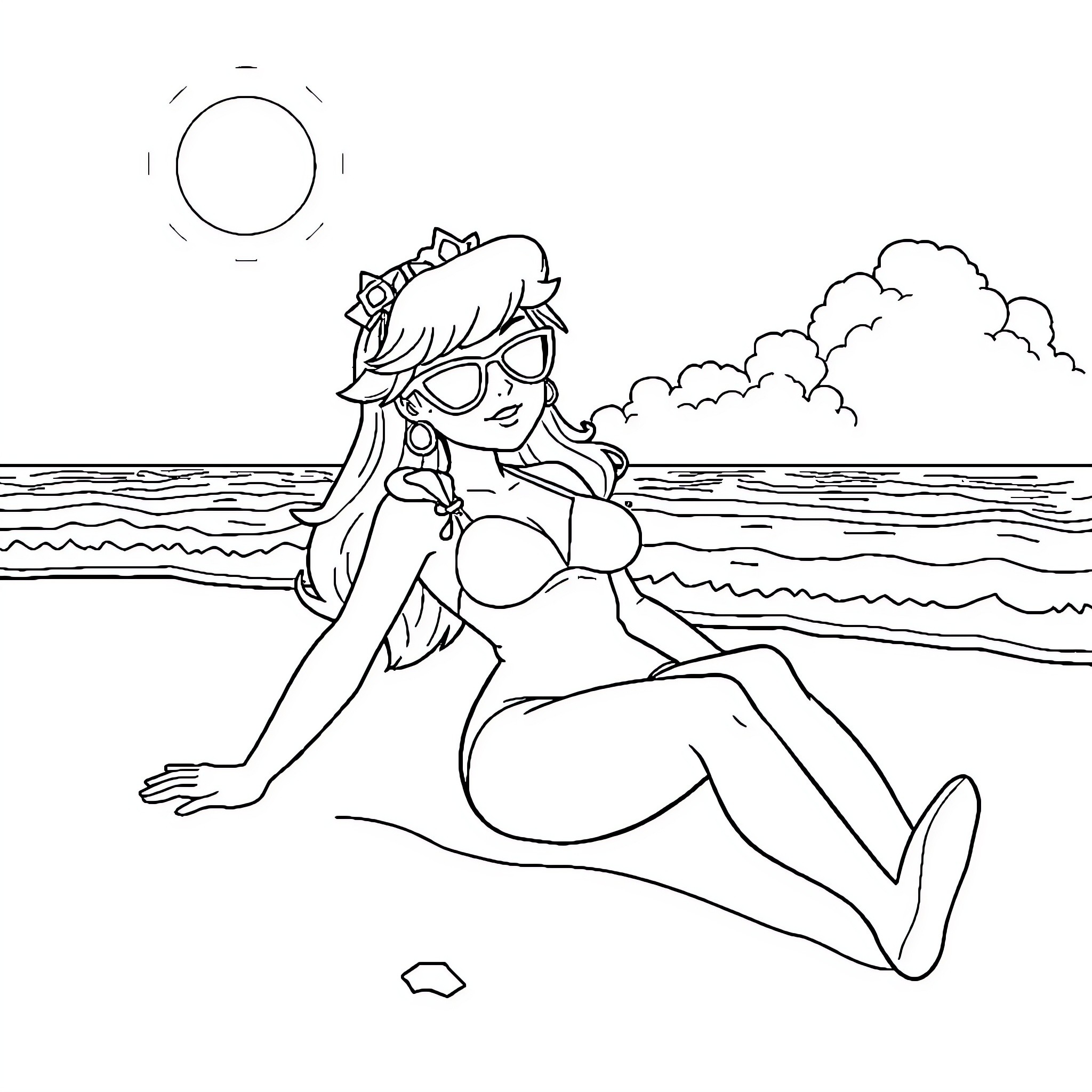 Princess Relaxing on the Beach Coloring Page (free black-and-white line drawing printable PDF for all, from beginners to advanced learners, including children, teens, adults, and seniors)