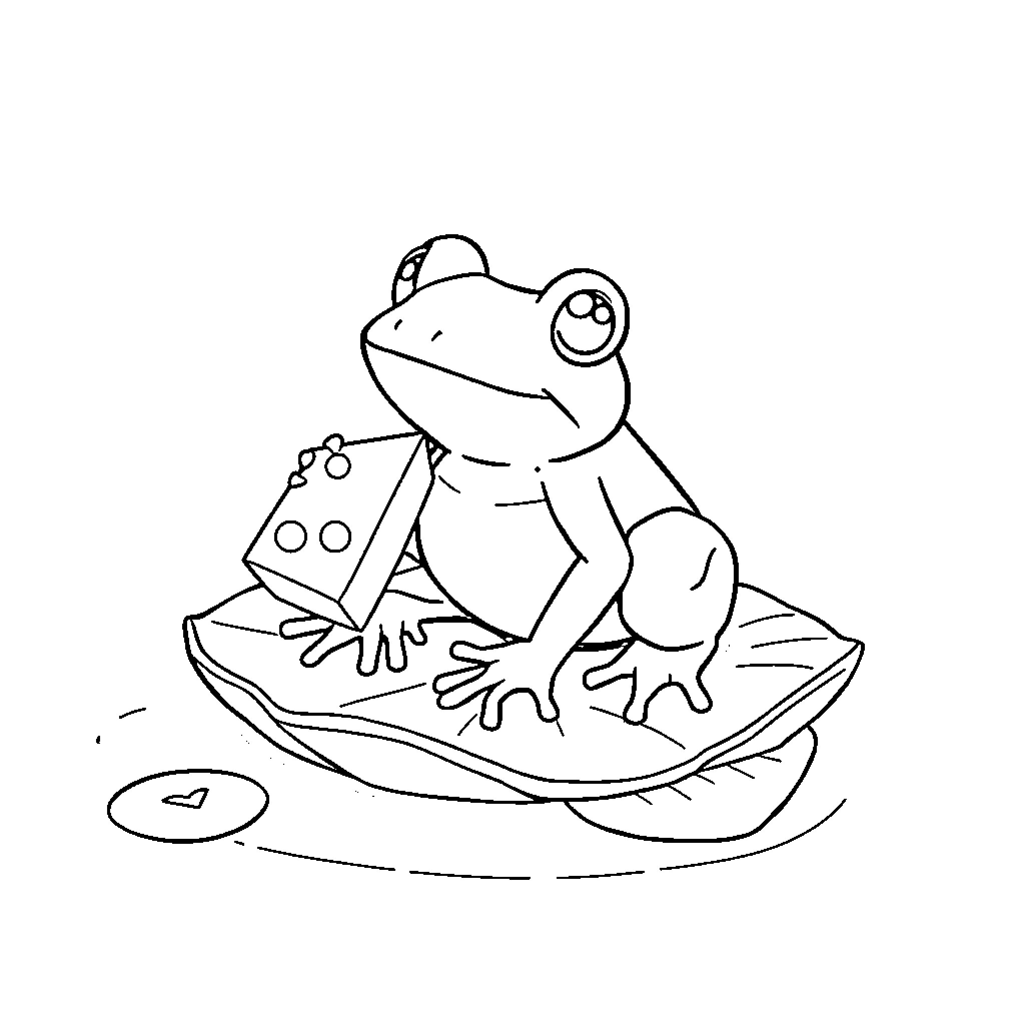Frog sitting on a leaf Coloring Page (free black-and-white line drawing printable PDF for all, from beginners to advanced learners, including children, teens, adults, and seniors)