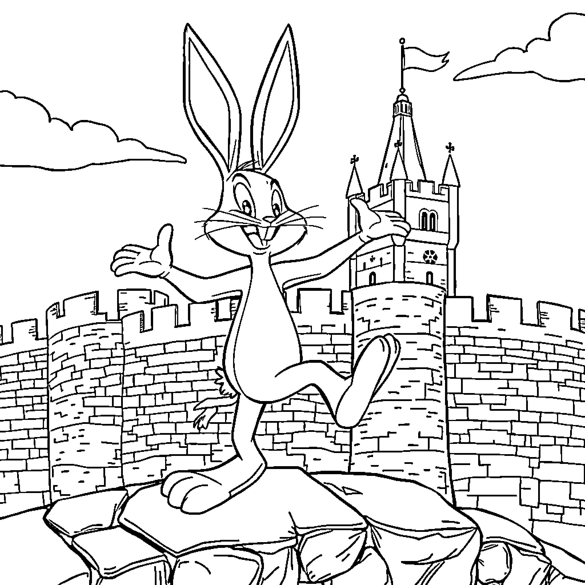 Bugs Bunny exploring a medieval castle scene Coloring Page (free black-and-white line drawing printable PDF for all, from beginners to advanced learners, including children, teens, adults, and seniors)