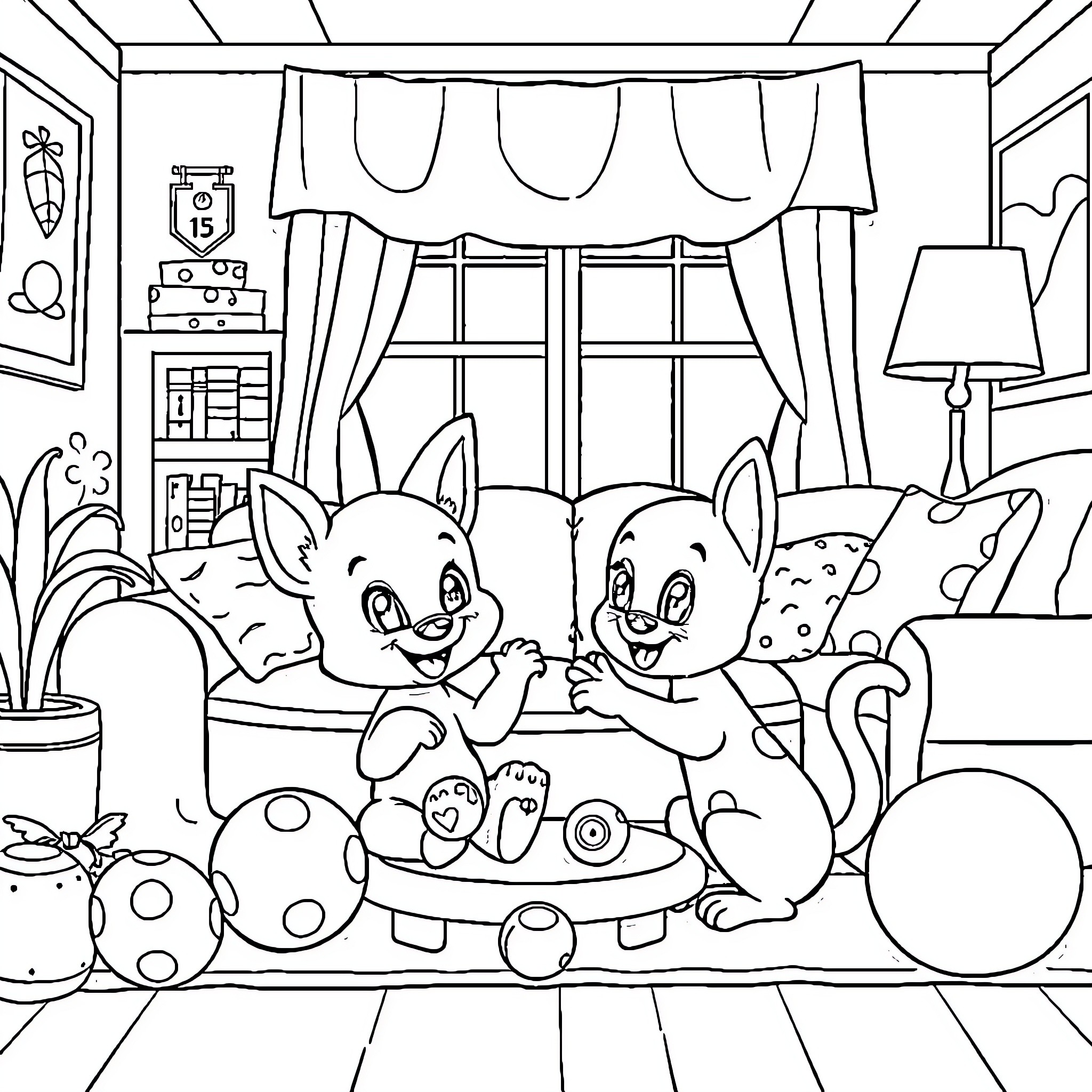 Bluey's Playful Adventure in the Cozy Room Coloring Page (free black-and-white line drawing printable PDF for all, from beginners to advanced learners, including children, teens, adults, and seniors)