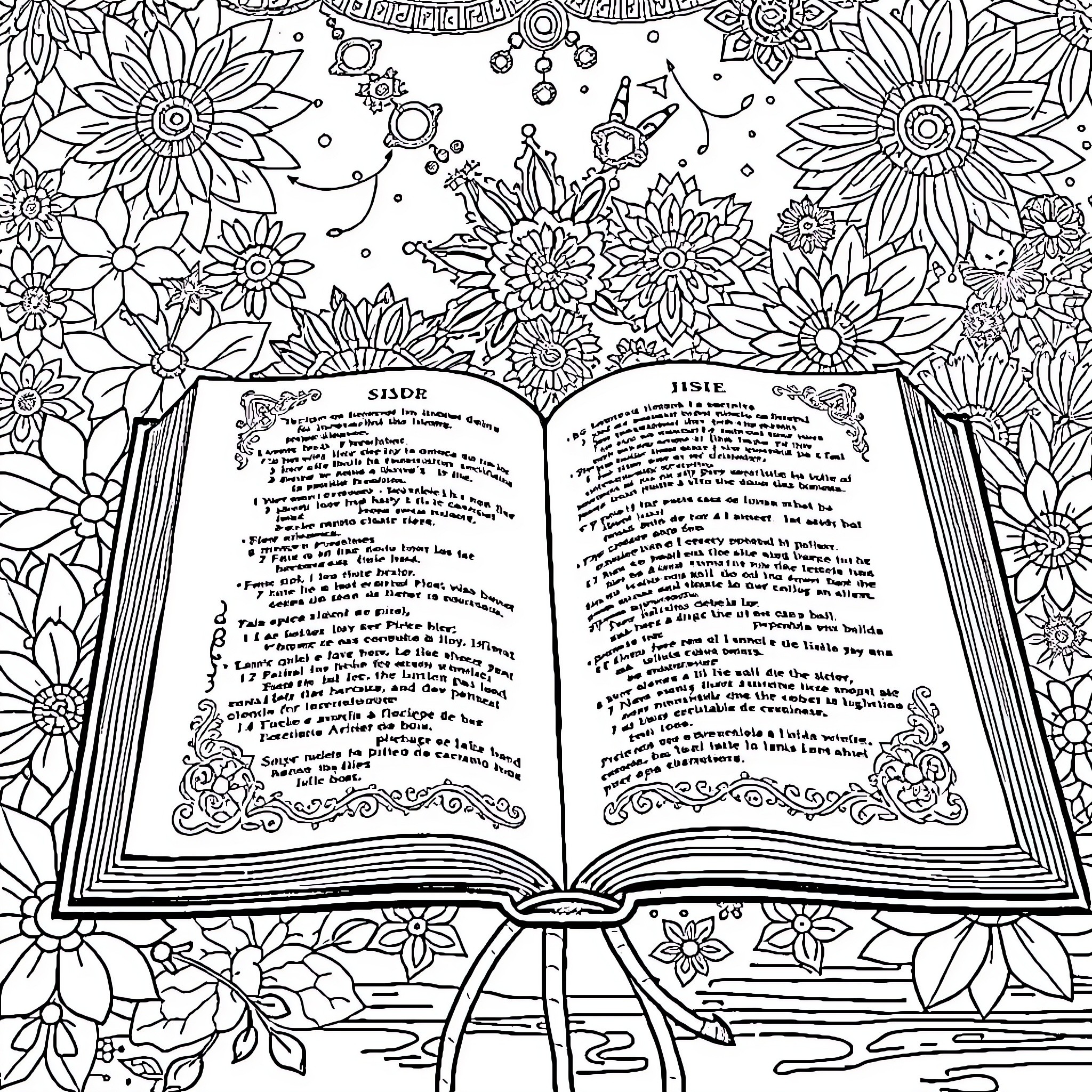 Bible Verses Surrounded by Intricate Floral Designs Coloring Page (free black-and-white line drawing printable PDF for all, from beginners to advanced learners, including children, teens, adults, and seniors)