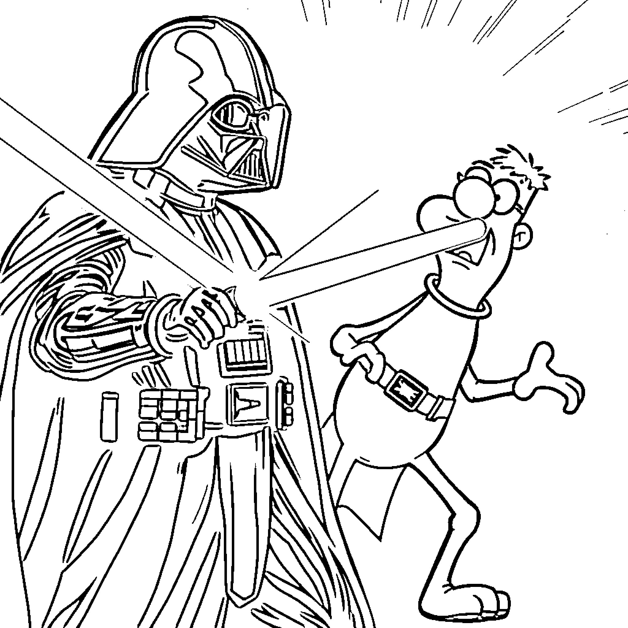 Darth Vader confronting a frightened character Coloring Page (free black-and-white line drawing printable PDF for all, from beginners to advanced learners, including children, teens, adults, and seniors)