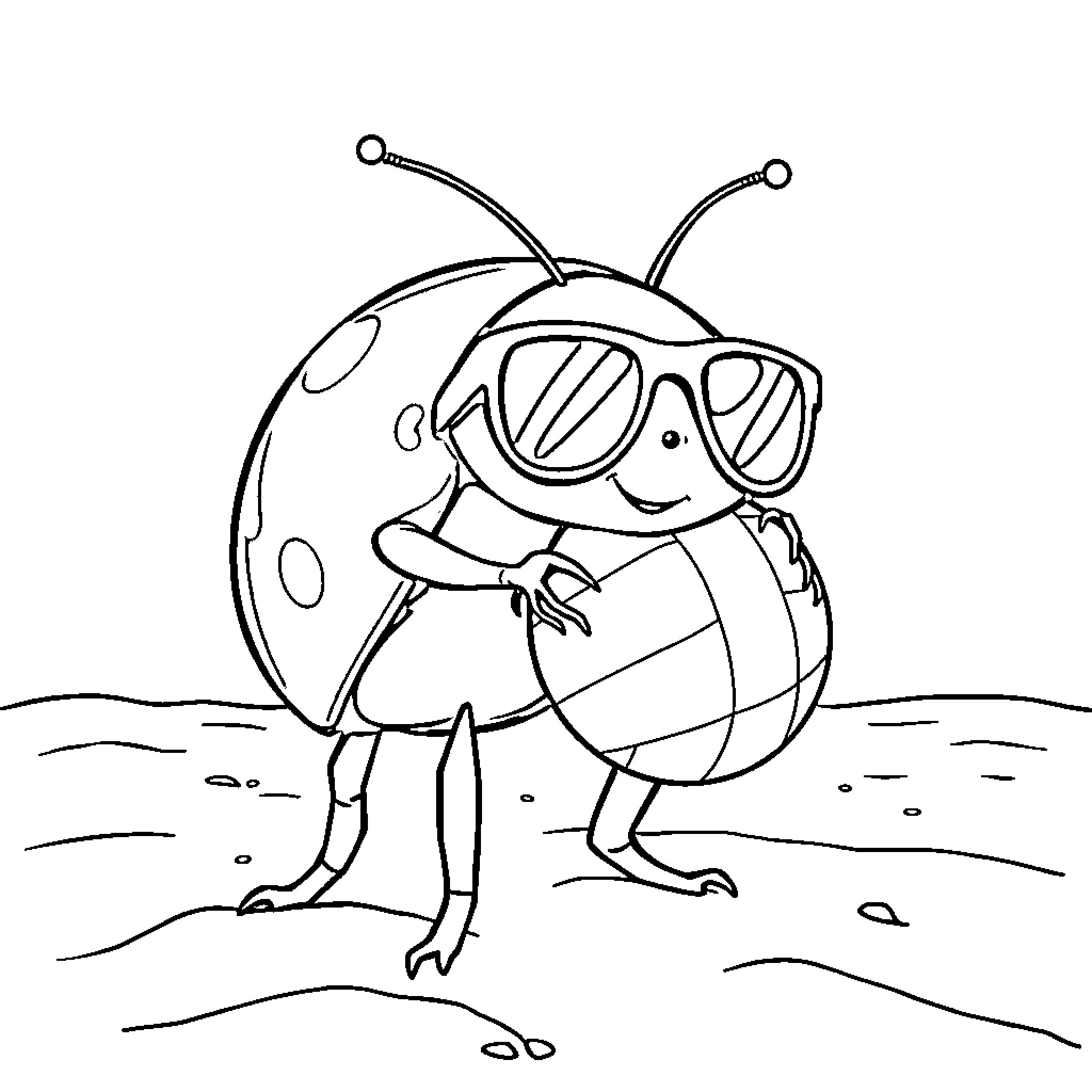 Ladybug enjoying the outdoors in sunglasses Coloring Page (free black-and-white line drawing printable PDF for all, from beginners to advanced learners, including children, teens, adults, and seniors)